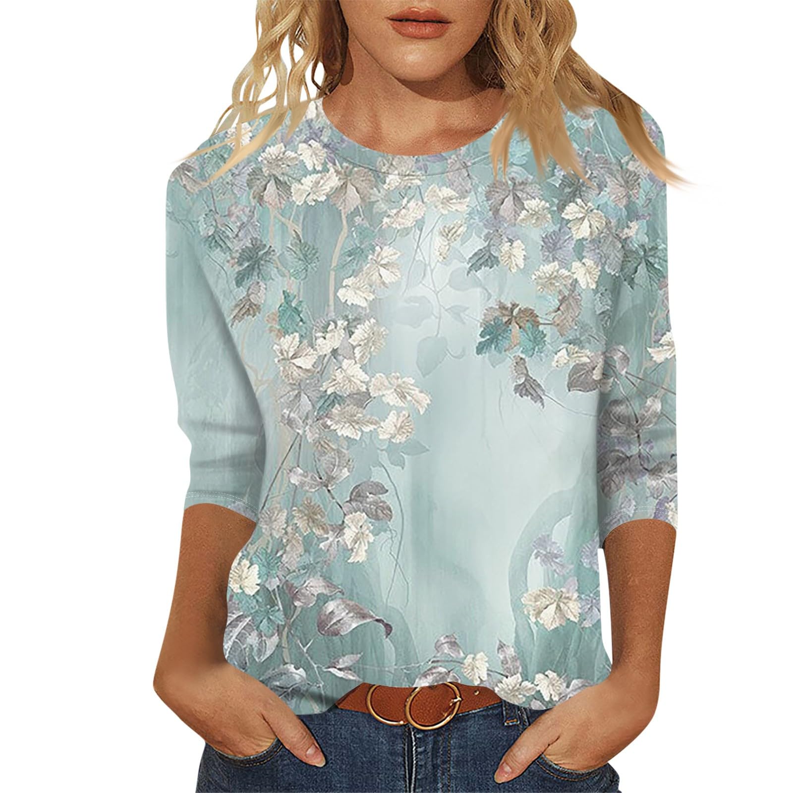 Women's 3/4 Sleeve Casual Crewneck Blouse - Loose Fit Printed Summer Top for Work, Travel & Everyday Wear