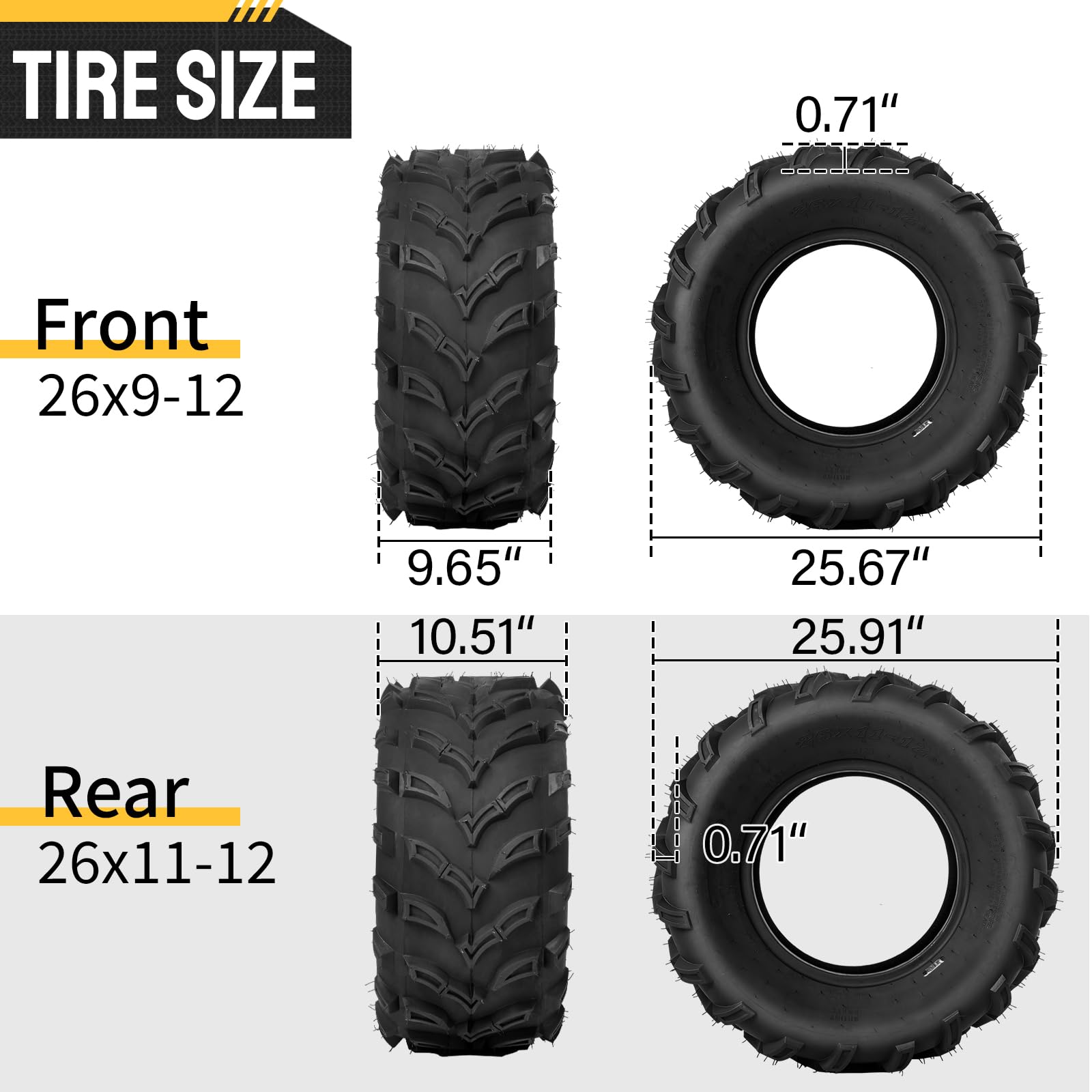 MOTORHOT Set of 4 ATV/UTV Tires 26x9-12 Front & 26x11-12 Rear - 6PR All-Terrain Tubeless Tires with 15mm Deep Tread for Trail, Sand & Off-Road Adventures