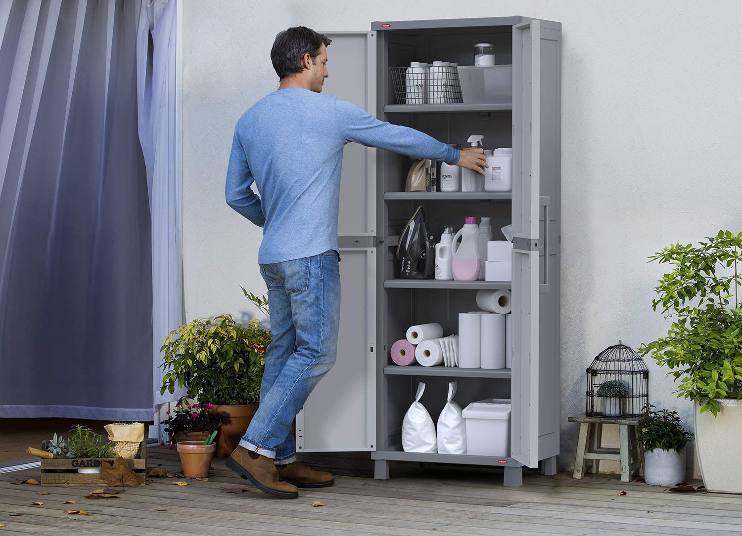 Keter Storage Cabinet with Doors and Shelves - White & Grey Organizer for Laundry Room, Garage, Bathroom, Closet | Perfect for Home Organization and Space Saving Solutions