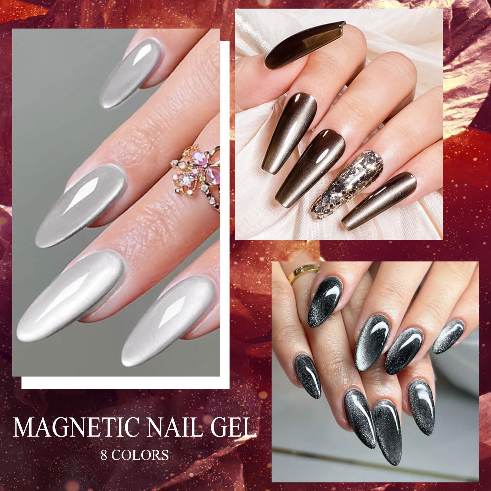 MEET ACROSS 12-Piece Cat Eye Gel Nail Polish Set - Fall Winter Retro Magnetic Nail Polish Kit in Pink, Brown, Blue, Gray & Green with Base & Top Coat - Soak Off UV Gel for Salon & Home Manicure - Perfect Gift for Nail Art Lovers