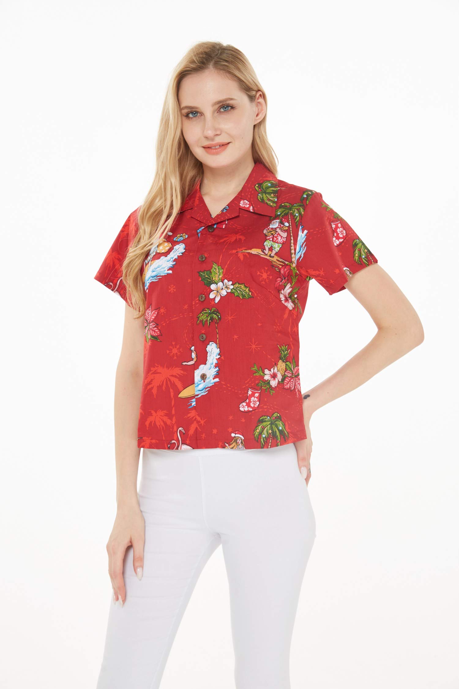 Women's Hawaiian Aloha Shirt - Christmas Santa in Hawaii Red Floral Print - Perfect for Beach Vacation, Luau Party & Summer Holiday Outfits