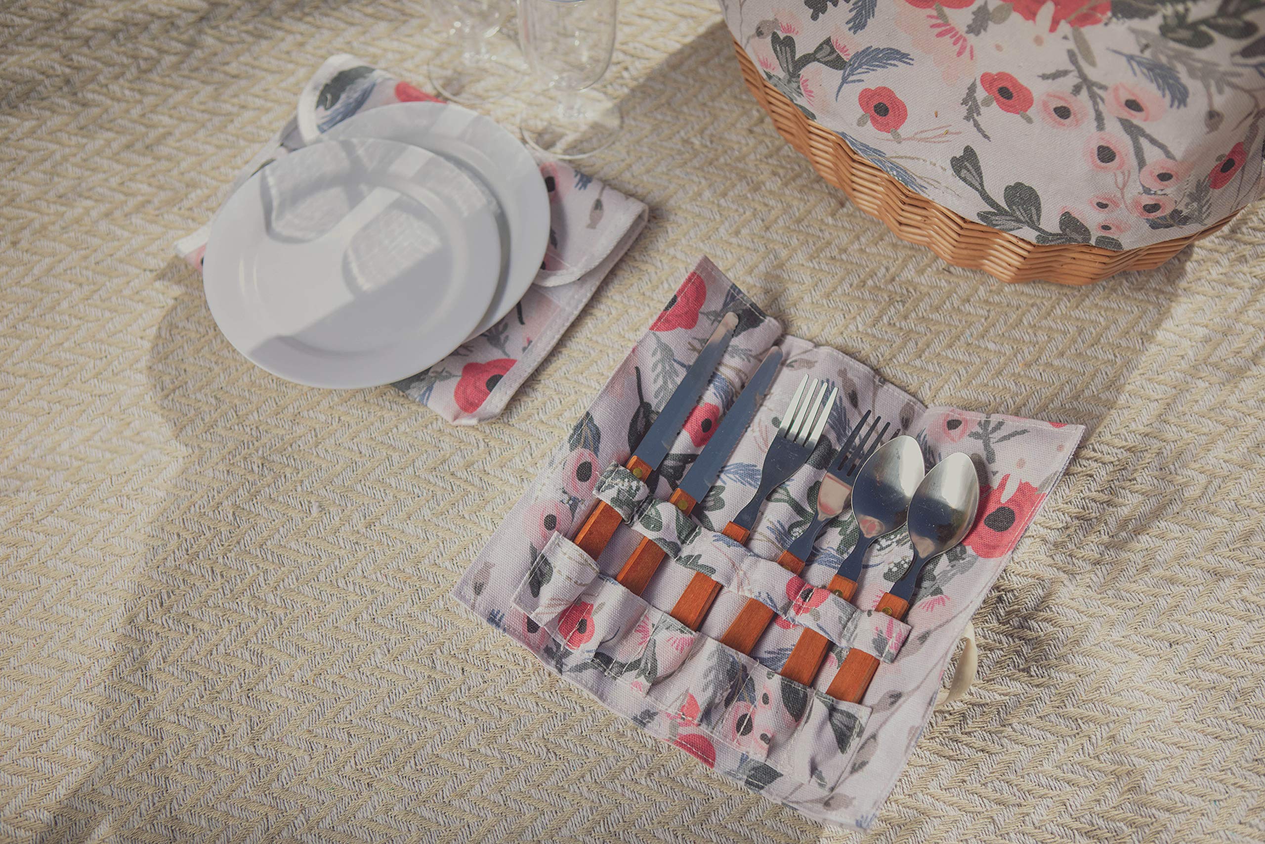 PICNIC TIME Promenade Picnic Basket for 2 - Canvas & Willow Picnic Set with Utensils, Wine Glasses & Plates (Floral Design) - Perfect for Romantic Dates, Outdoor Picnics & Beach Getaways