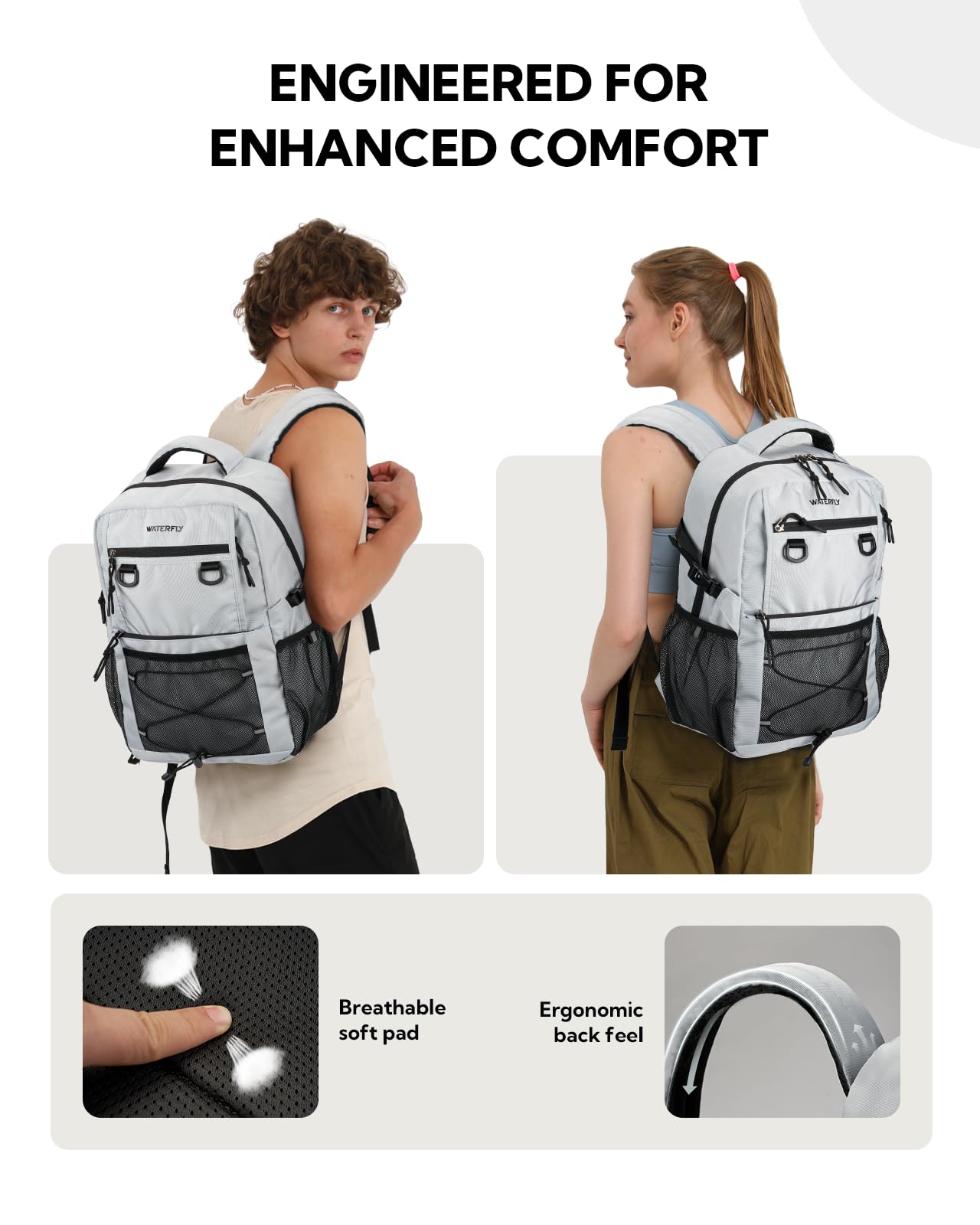 **WATERFLY 22L Light Gray Travel Backpack for Hiking, Commuting & College - Durable Daypack with Multiple Compartments for Men & Women - Perfect for Outdoor Adventures, Airplane Carry-On & Everyday Use**