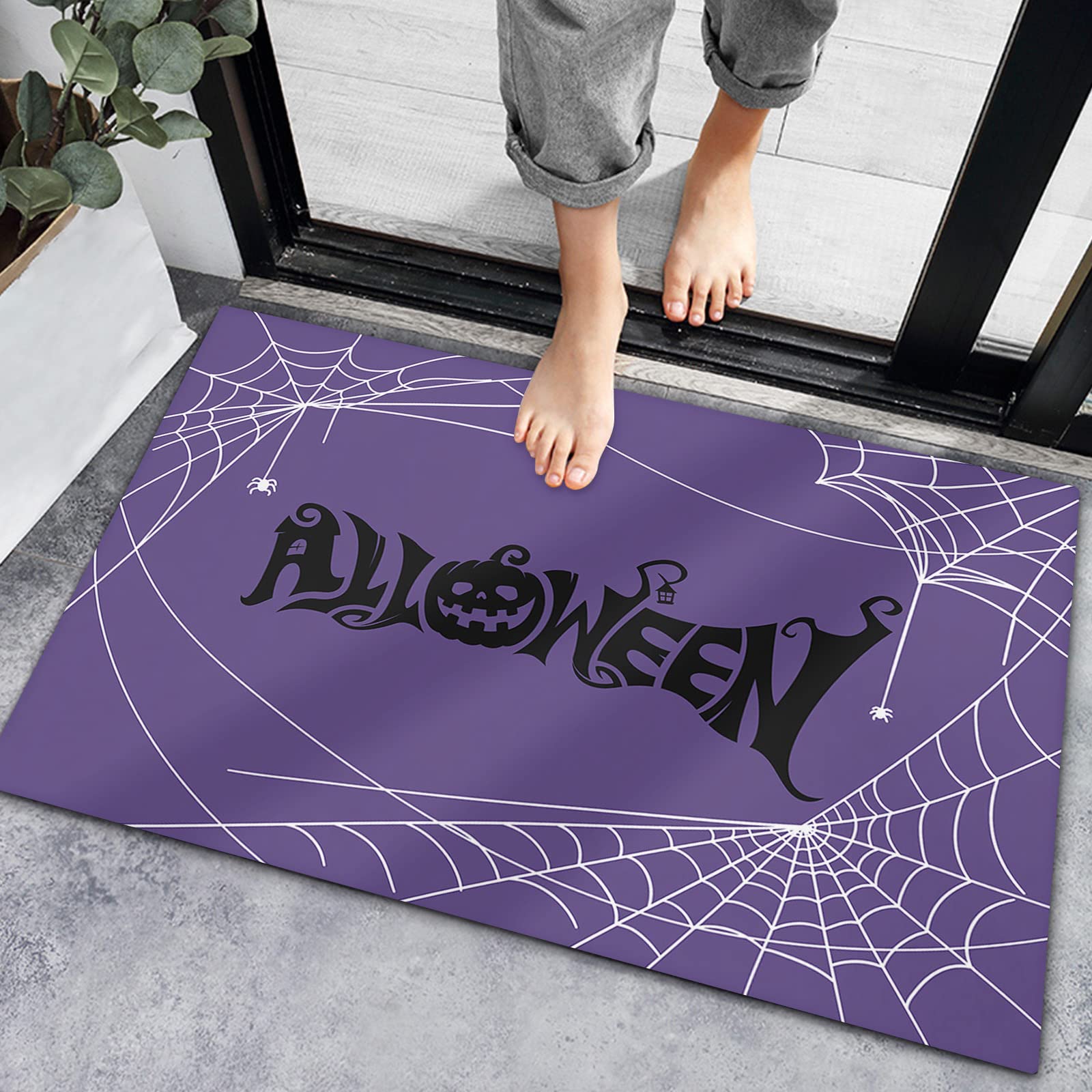 Non-Slip Halloween Doormat - Absorbent Indoor Entrance Mat with White Spider Web Design on Purple, Perfect for Bathroom, Bedroom & Living Room Decor - Great for Front Door, Kitchen & Seasonal Home Decor