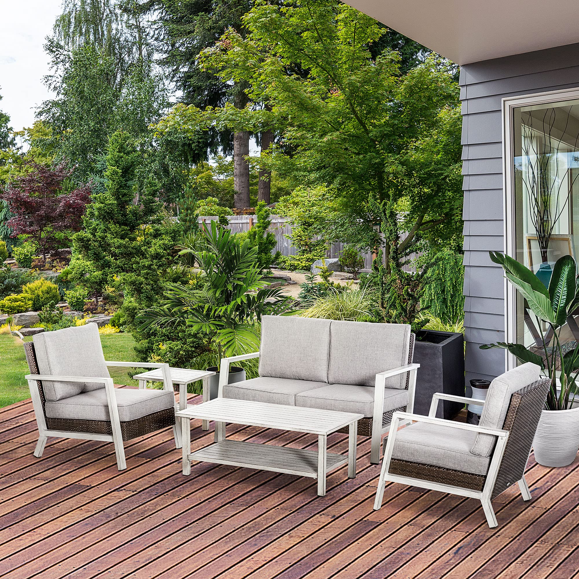 Outsunny 5-Piece Aluminum Patio Furniture Set - Modern Outdoor Conversation Set with Loveseat, 2 Chairs, Cushions, Coffee Table & Side Table - Gray - Perfect for Backyard, Garden, Poolside & Patio Relaxation