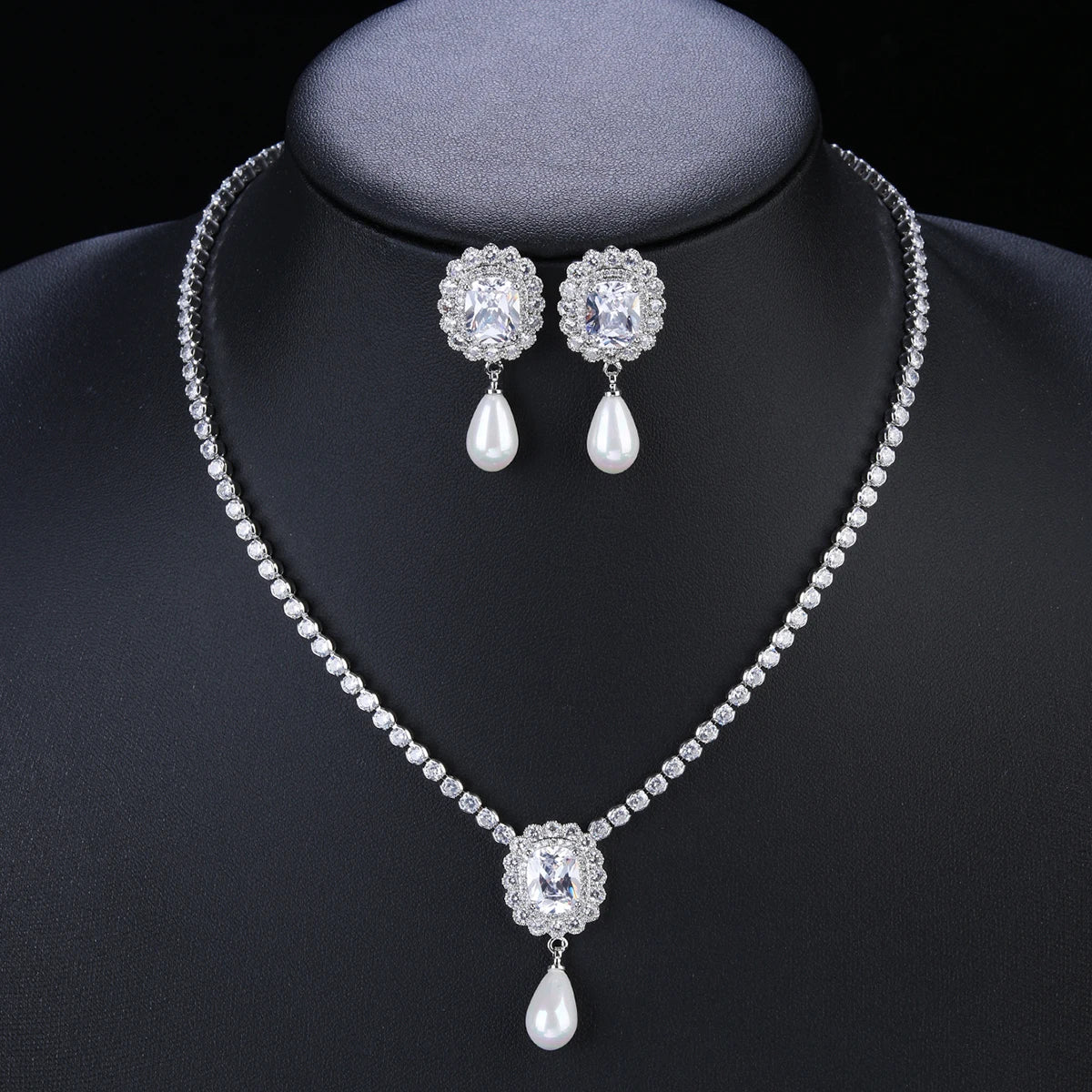 Elegant Cubic Zirconia Pearl Pendant Necklace & Earrings Set for Women - Bridal Wedding Jewelry Accessories - Perfect for Anniversary Gifts, Prom, and Formal Occasions