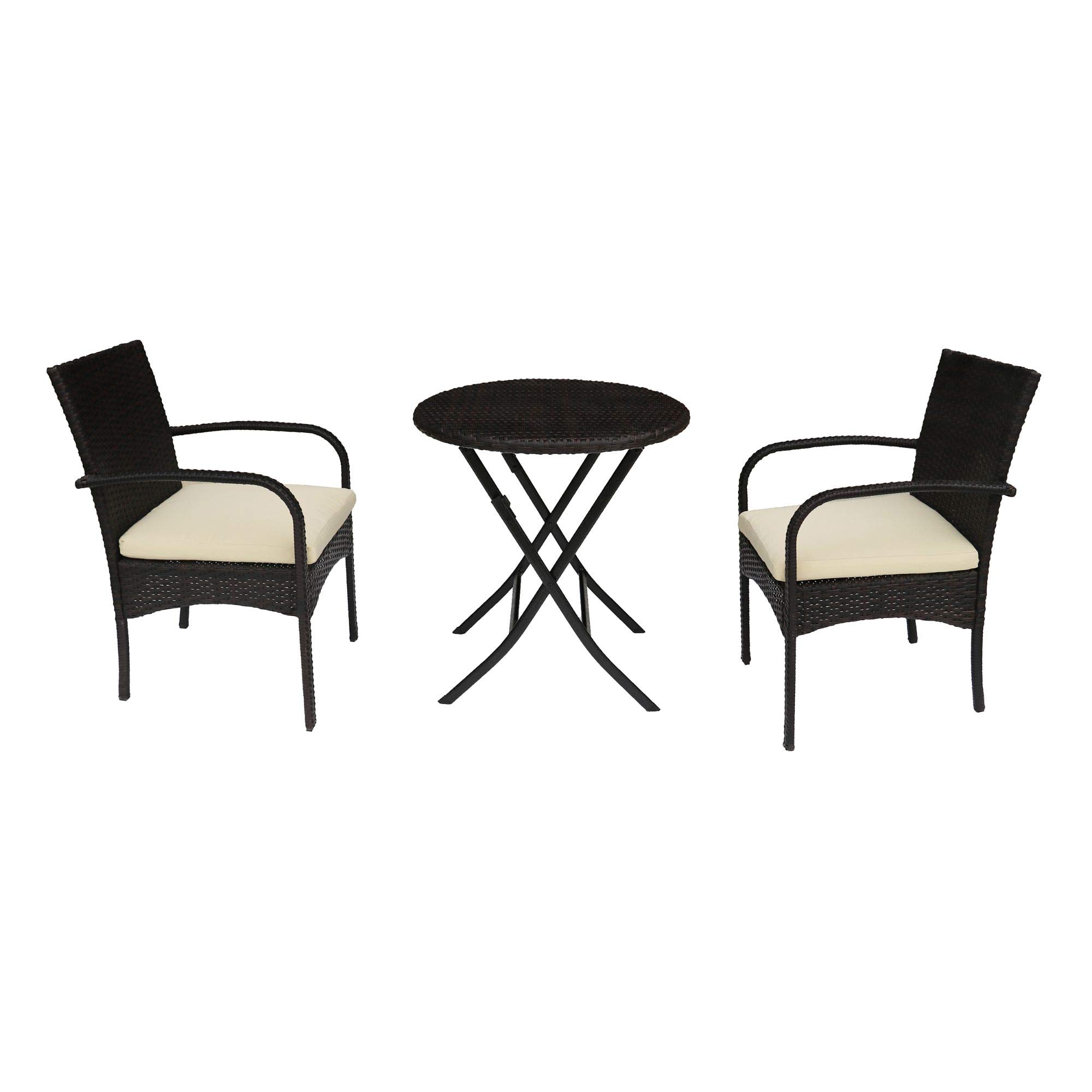 Modern 3-Piece Brown Wicker Patio Furniture Set with Cream Cushions - Outdoor Bistro Dining Set for Garden, Poolside & Backyard Relaxation