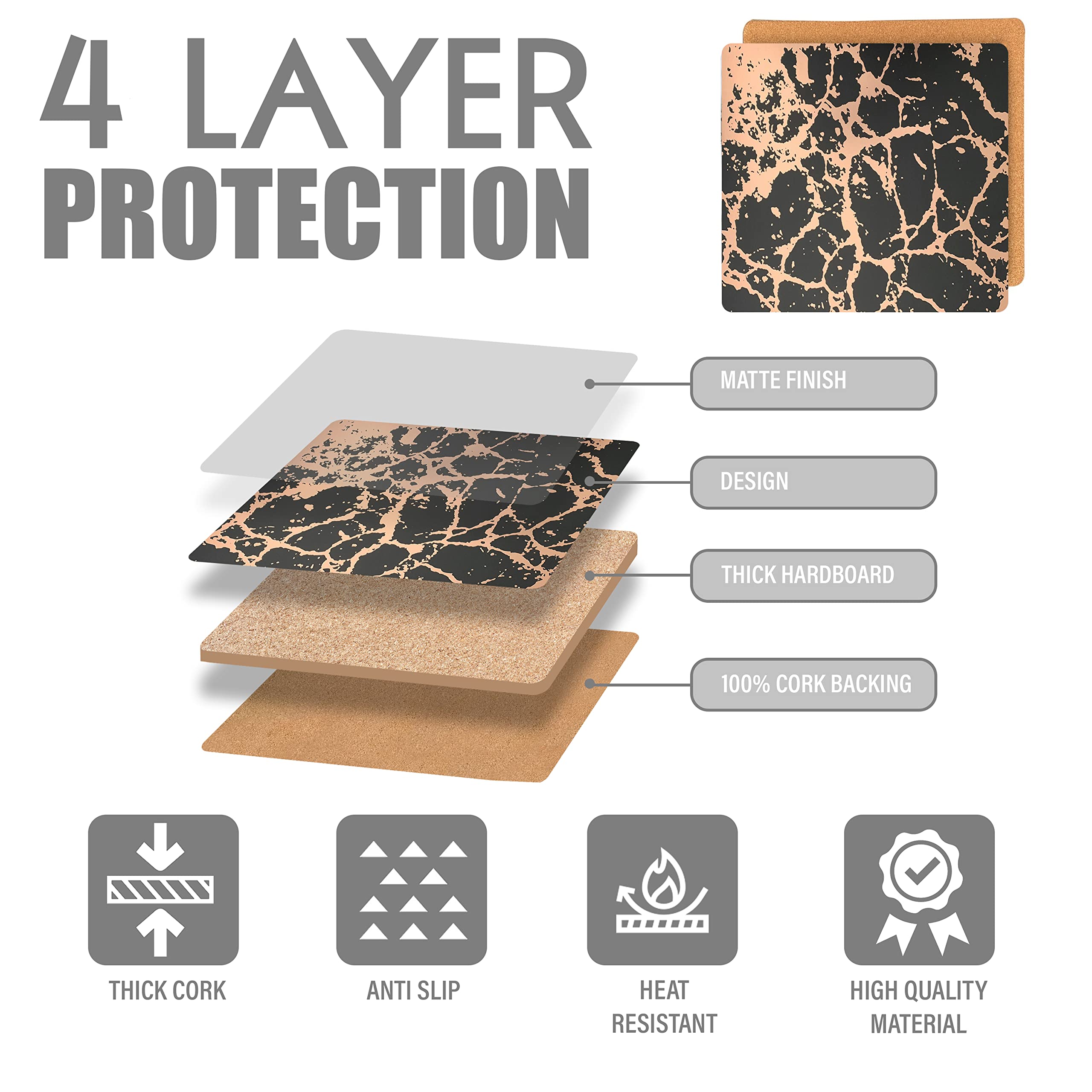 Elegant Black & Rose Gold Marble Cork Placemats Set of 2 - 15