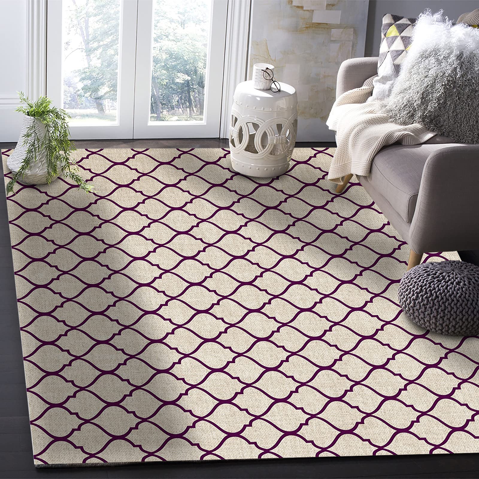 5' x 8' Large Moroccan Area Rug - Non-Slip Rectangular Rug for Living Room, Bedroom & Outdoor - Purple Burlap Textured Floor Mat | Boho Home Decor, Cozy Bedside Rug, Durable Carpet for High Traffic Areas