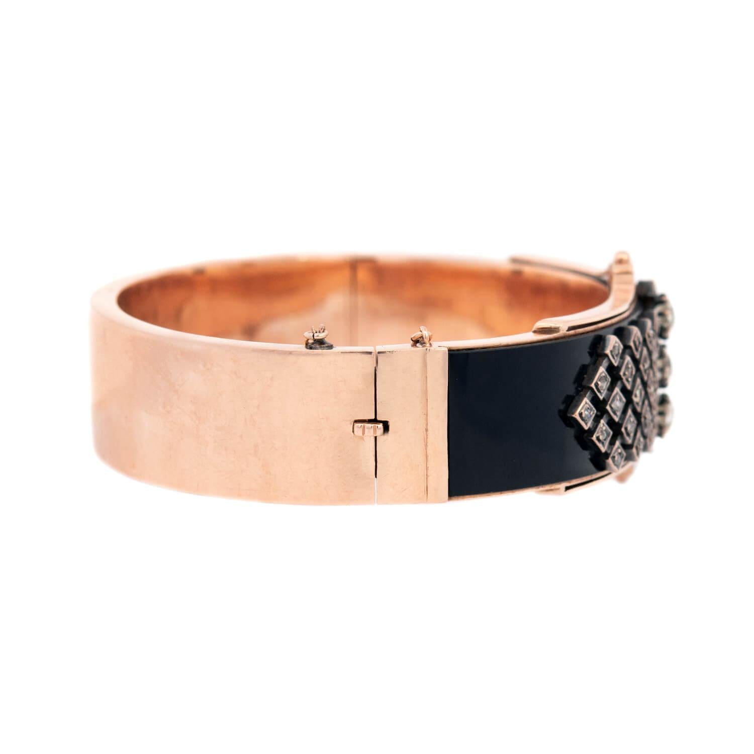 Victorian Style 15k Gold Diamond & Onyx Bangle Bracelet - Elegant Antique Jewelry for Women, Perfect for Weddings, Parties & Special Occasions