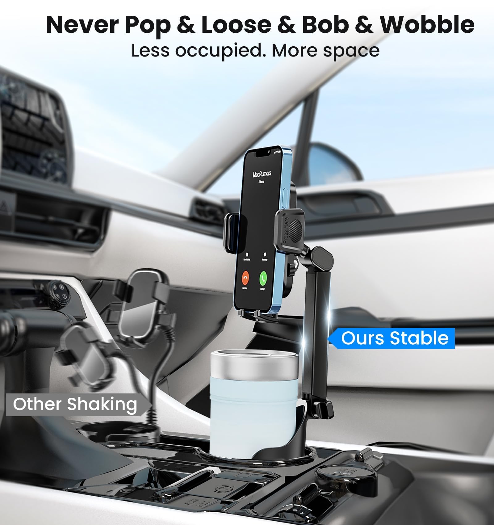 2 in 1 Car Cup Holder Phone Mount - Upgraded Stable Adjustable Height 360° Rotating Phone Holder for iPhone Samsung Google (4-7