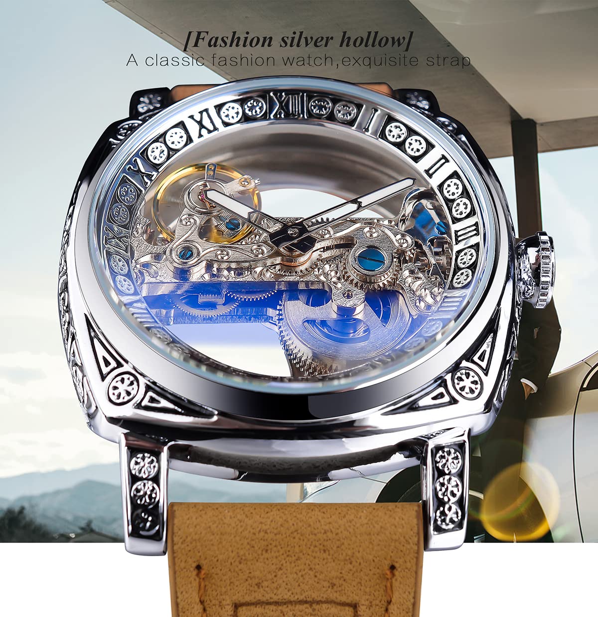 FORSINING Men's Automatic Watch - Skeleton Square Dial, Leather Strap for Business & Casual Wear