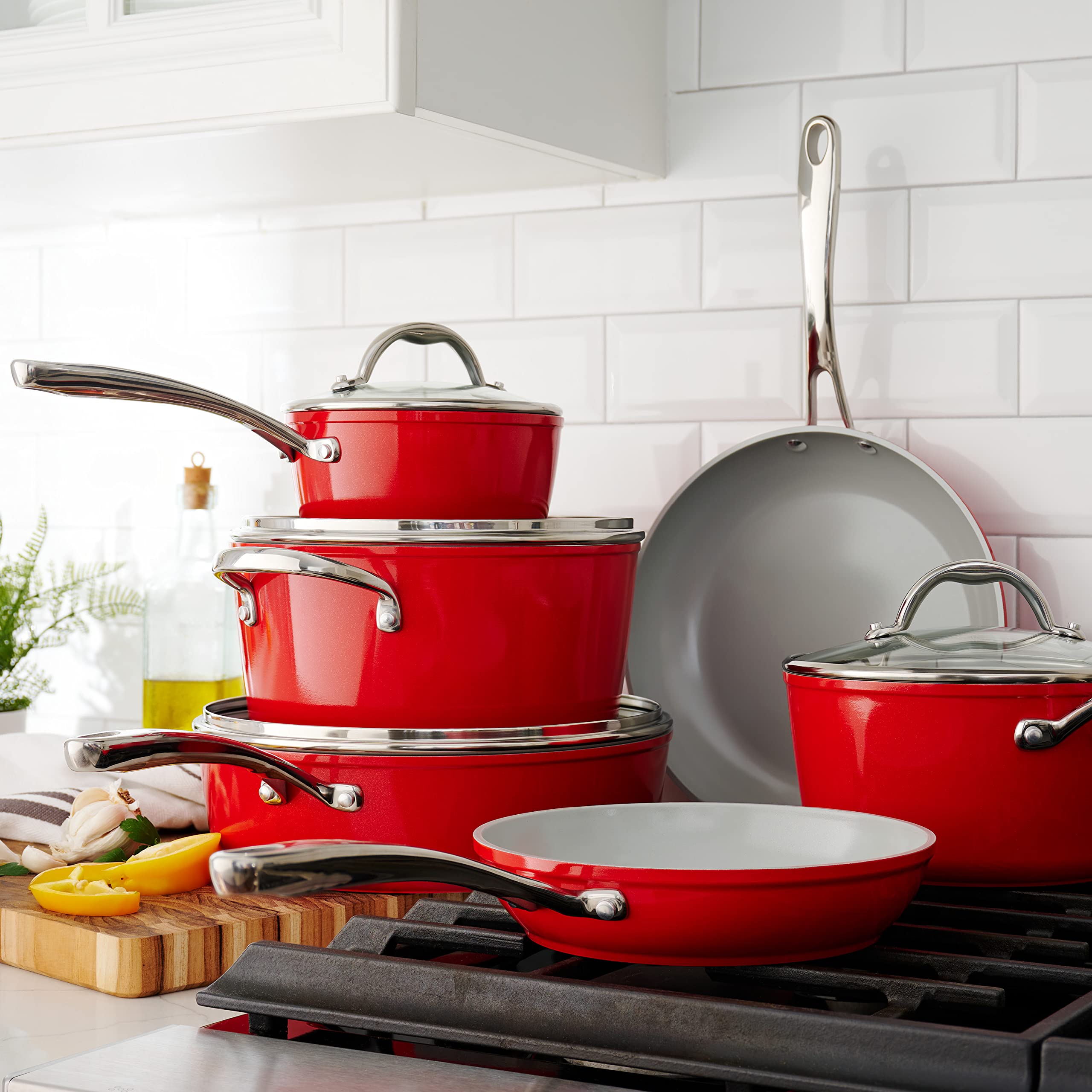 Tramontina 10-Piece Ceramic Non-Stick Cookware Set with Lids - Heavy-Gauge Aluminum Pots & Pans Kitchen Set - Oven & Dishwasher Safe - Scratch Resistant Coating - Red - Perfect for Frying, Boiling & Baking in Modern Kitchens