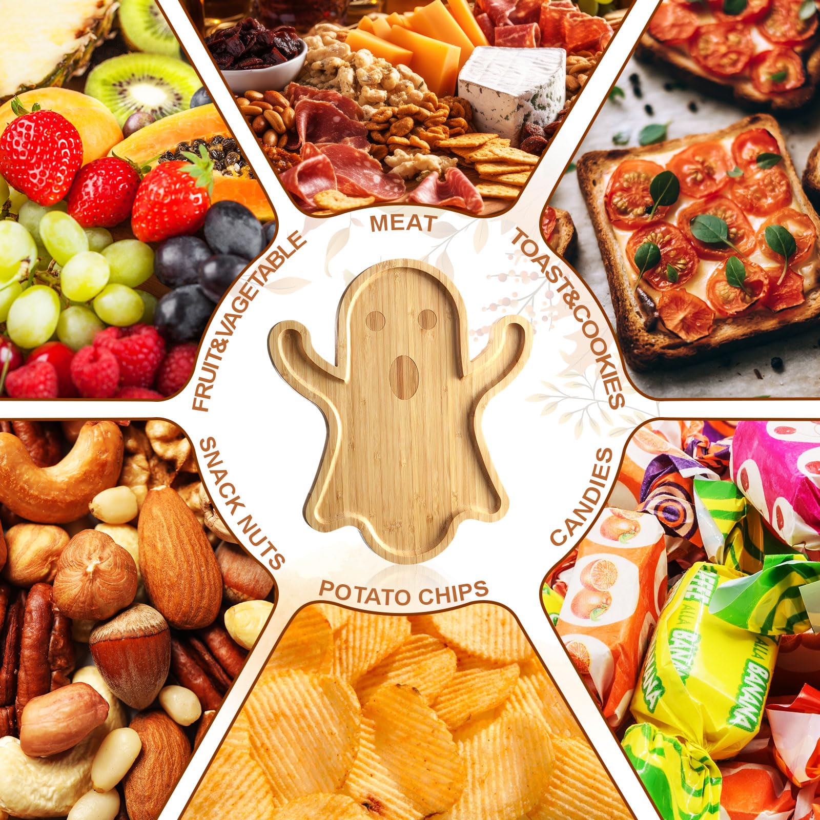 2-Piece Halloween Charcuterie Board Set - Funny Ghost-Shaped Bamboo Cheese Platter & Serving Tray for Candy, Cookies, Appetizers - 12.6 x 14.2 Inch Halloween Party Dinnerware for Home Gatherings & Spooky Decor