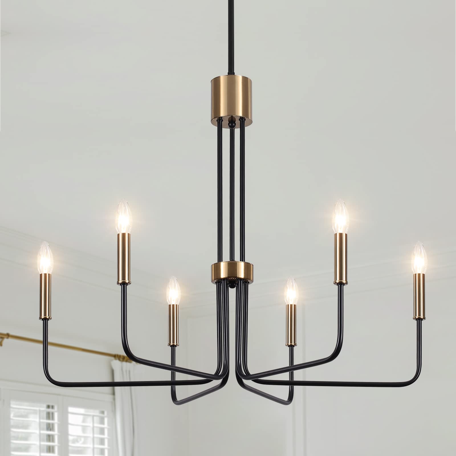 6-Light Modern Farmhouse Chandelier - Black & Gold Dining Room Ceiling Light Fixture - Elegant Kitchen, Living Room, Bedroom & Entryway Lighting - Perfect for Farmhouse, Rustic & Contemporary Home Decor