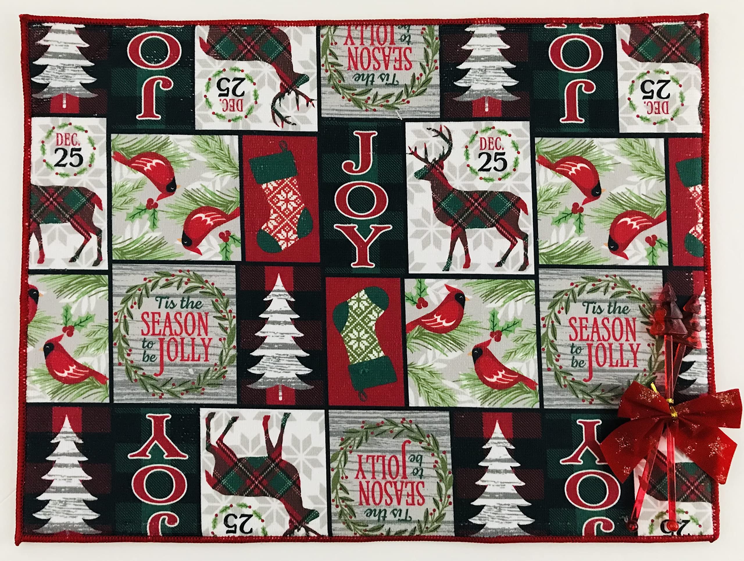 Holiday Christmas Dish Drying Mat - Snowy Trees & Merry Greetings Patchwork Design, Reversible Waffle Texture for Kitchen Decor | Perfect for Holiday Entertaining, Dish Drying & Festive Home Decor