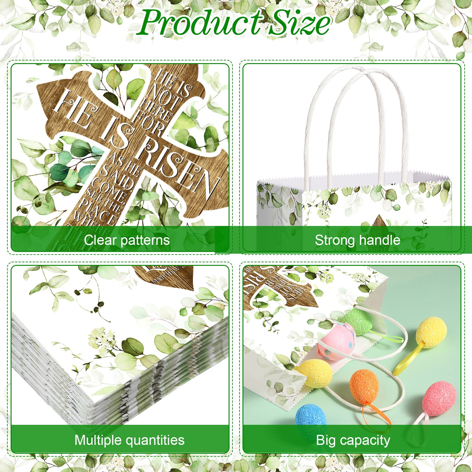 16 Pack Easter Gift Bags with Handles - He Is Risen Cross Design Paper Tote Bags for Easter Egg Hunts, Candy Treats & Party Favors - Perfect for Church Events, Sunday School & Easter Basket Stuffers