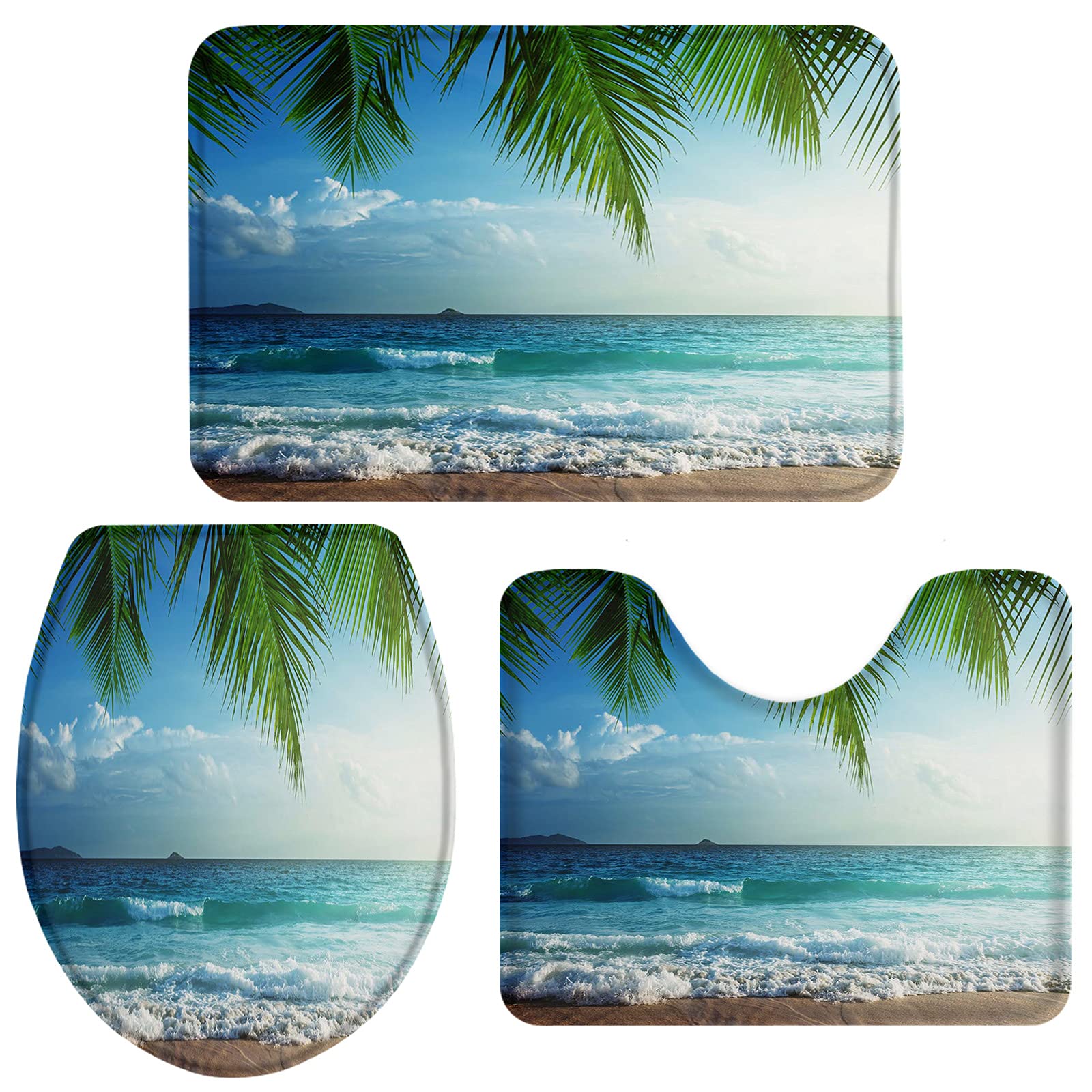 3-Piece Bathroom Rug Set - Super Absorbent Coconut Palm Tree Design, Non-Slip U-Shaped Contour Toilet Mat with Lid Cover - Tropical Beach Theme Bath Mats for Bathroom Decor (Large Size) - Perfect for Coastal, Hawaiian, or Vacation Home Bathroom Style