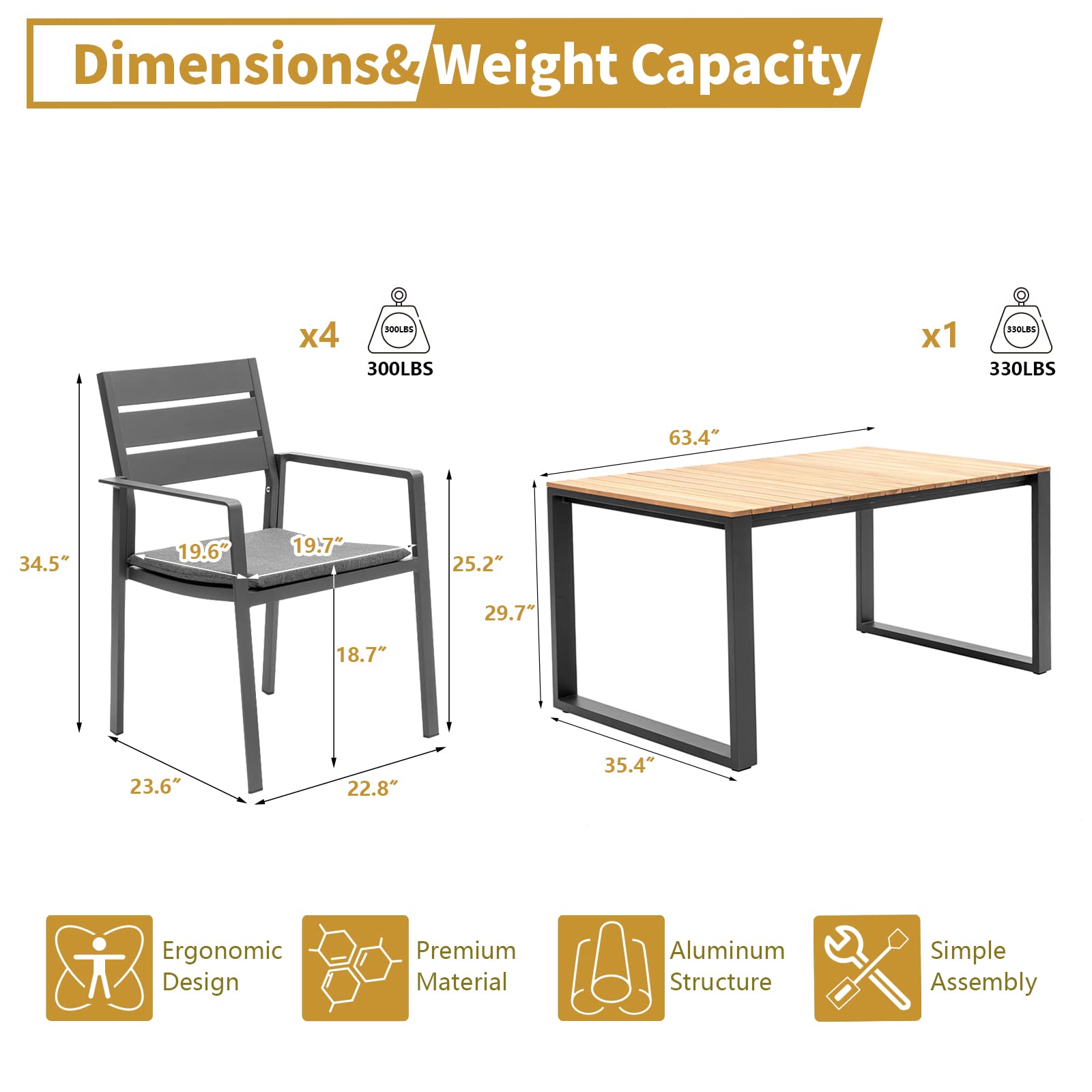 5-Piece Outdoor Dining Set for 4 - Aluminum Patio Table with Teak Tabletop & 4 Stackable Chairs - Grey Bistro Set for Deck, Yard, Garden or Poolside Dining