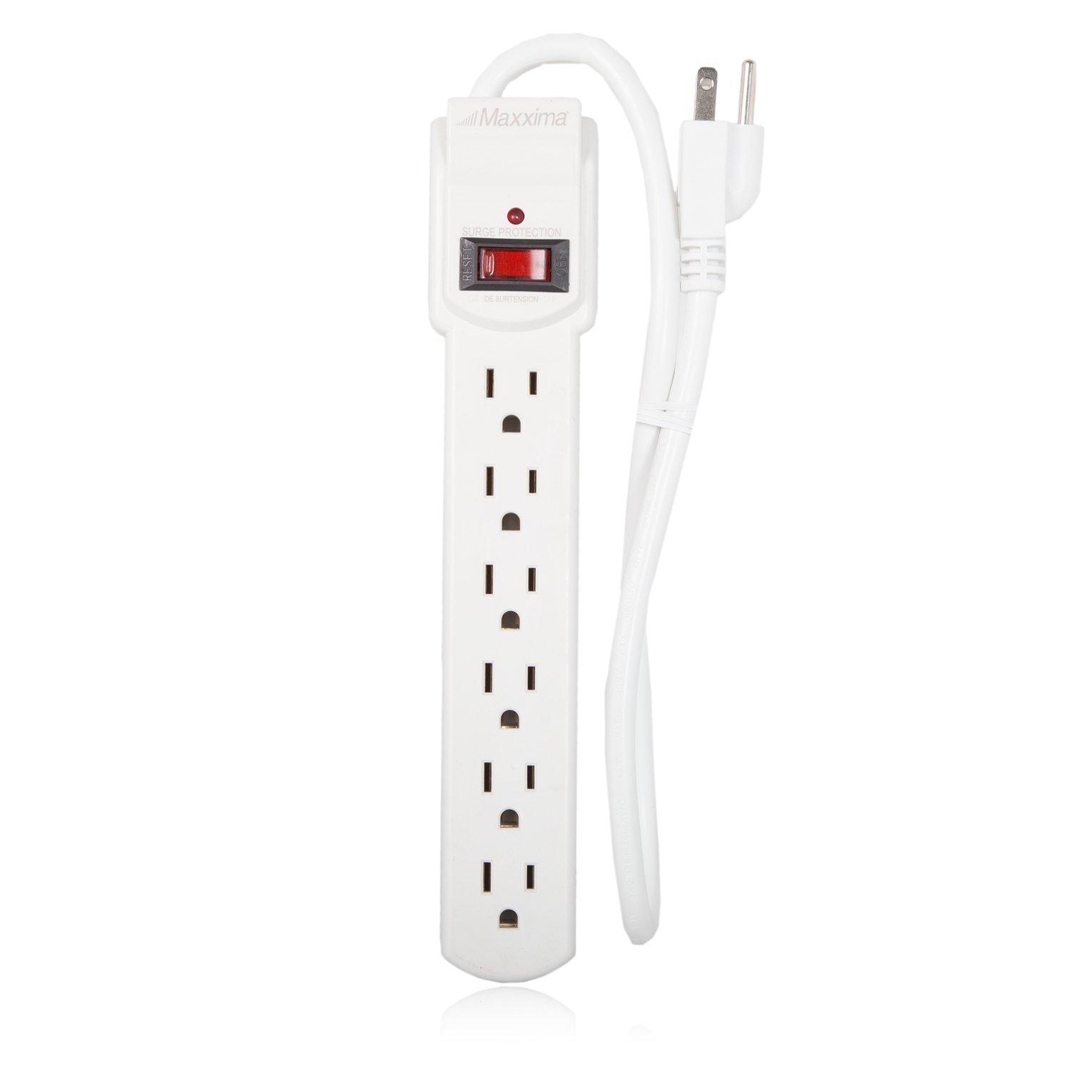 Maxxima 6-Outlet Surge Protector Power Strip with Red On/Off Switch - 300 Joules Protection, 4-Pack for Home & Office - Safely Power Multiple Electronics, Appliances & Devices - Ideal for Home Theater, Gaming Setup & Workstation - White