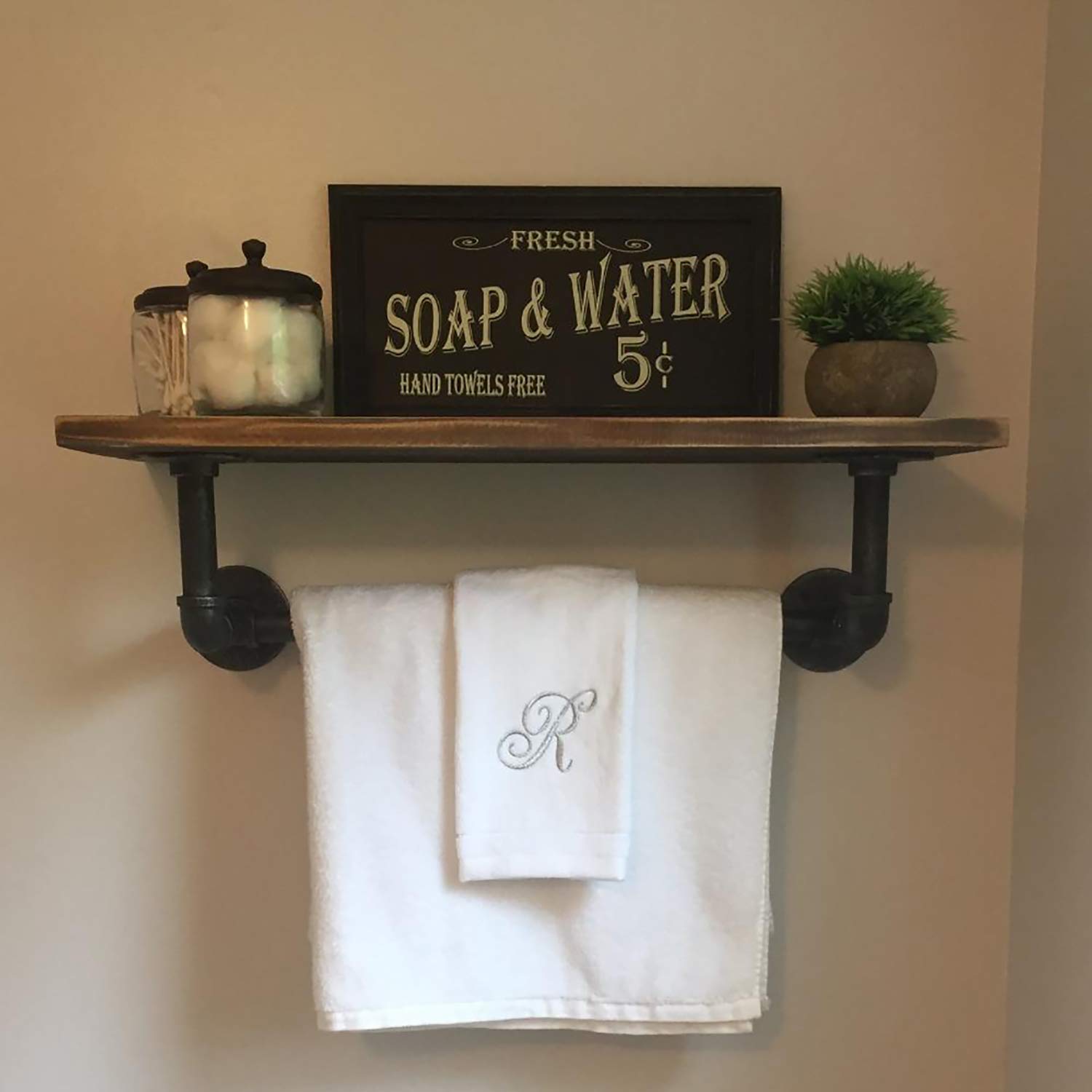 Industrial Pipe Shelving - 24in Rustic Metal Floating Wall Shelf with Towel Bar | 1-Tier Iron Pipe Bathroom Shelf | Retro Brown Wall Mounted Storage | Perfect for Bathroom Organization & Farmhouse Decor