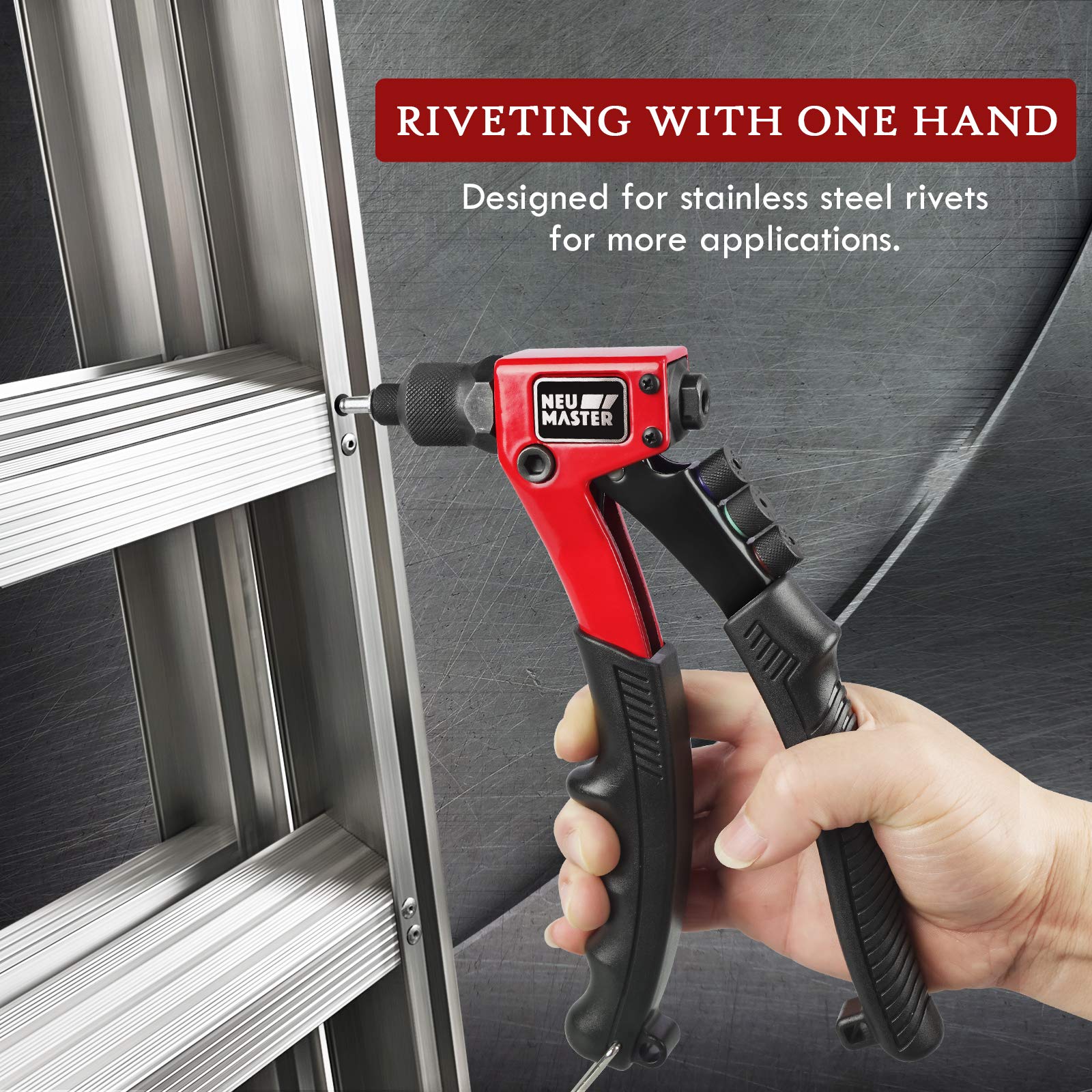NEU MASTER Heavy Duty Manual Rivet Gun Kit - 4 Tool-Free Interchangeable Heads with 200Pcs Rivets & BMC Case - Professional Single Hand Riveter for Plastic, Metal, Leather - Perfect for DIY Projects, Home Repairs, and Automotive Work