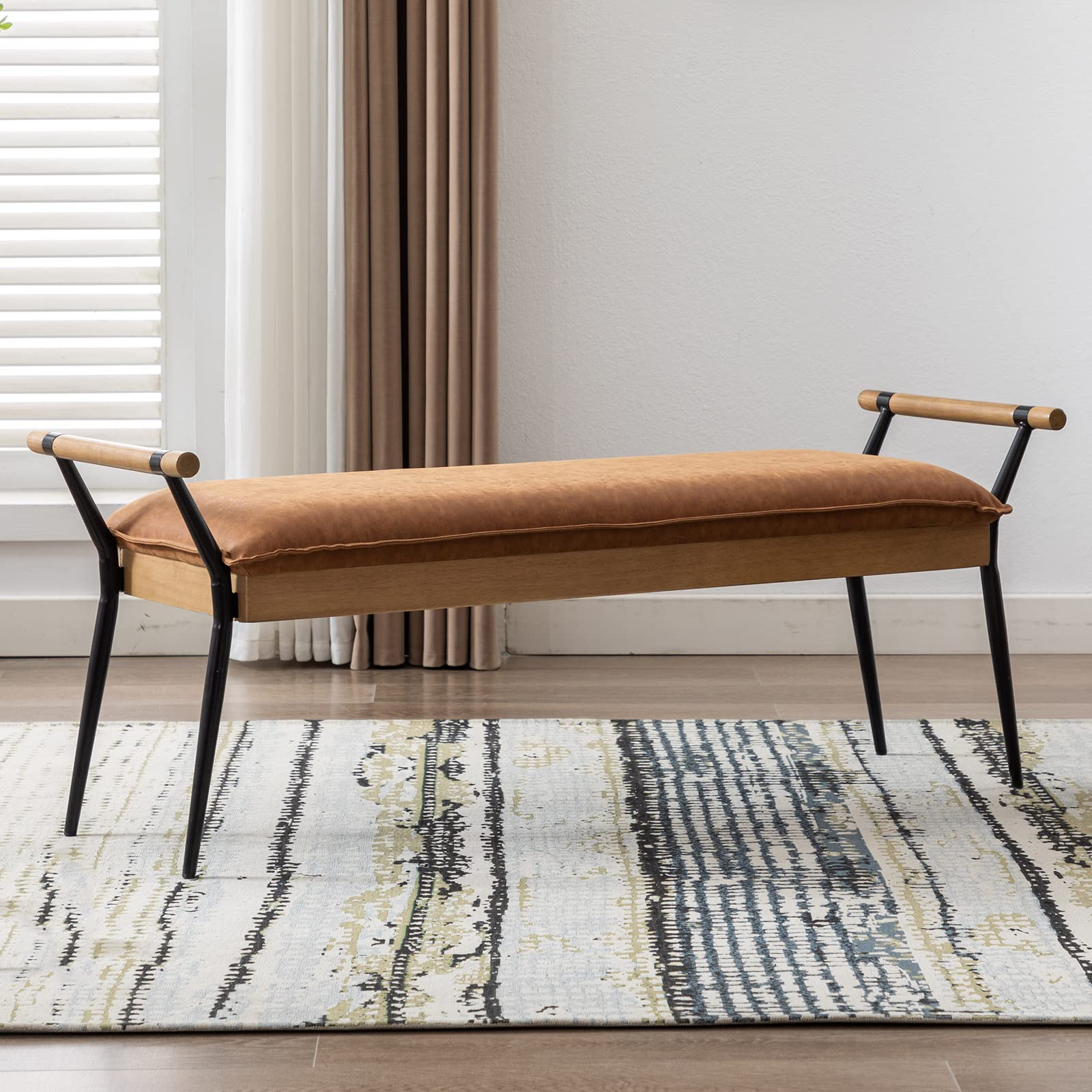 Modern Rectangle Ottoman Bench with Arms & Metal Legs - Mid Century PU Dining Table Bench, Footstool & Entryway Shoe Storage - Perfect for Living Room, Bedroom & Dining Room - Brown