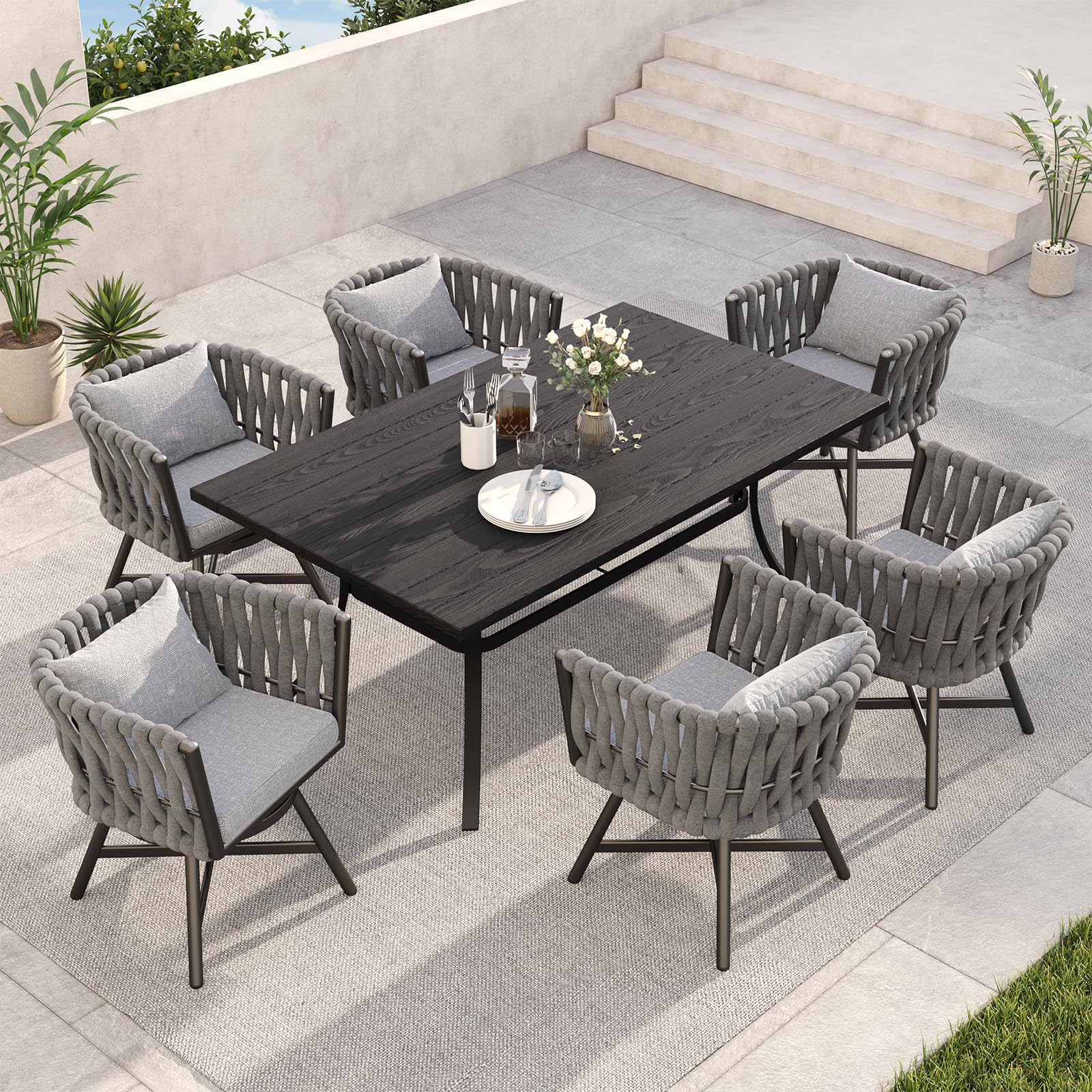 7-Piece Outdoor Dining Set for 6 with Swivel Rope Wicker Chairs & Rectangular Faux Wood Table - Grey Patio Furniture for Backyard, Garden, Poolside Dining