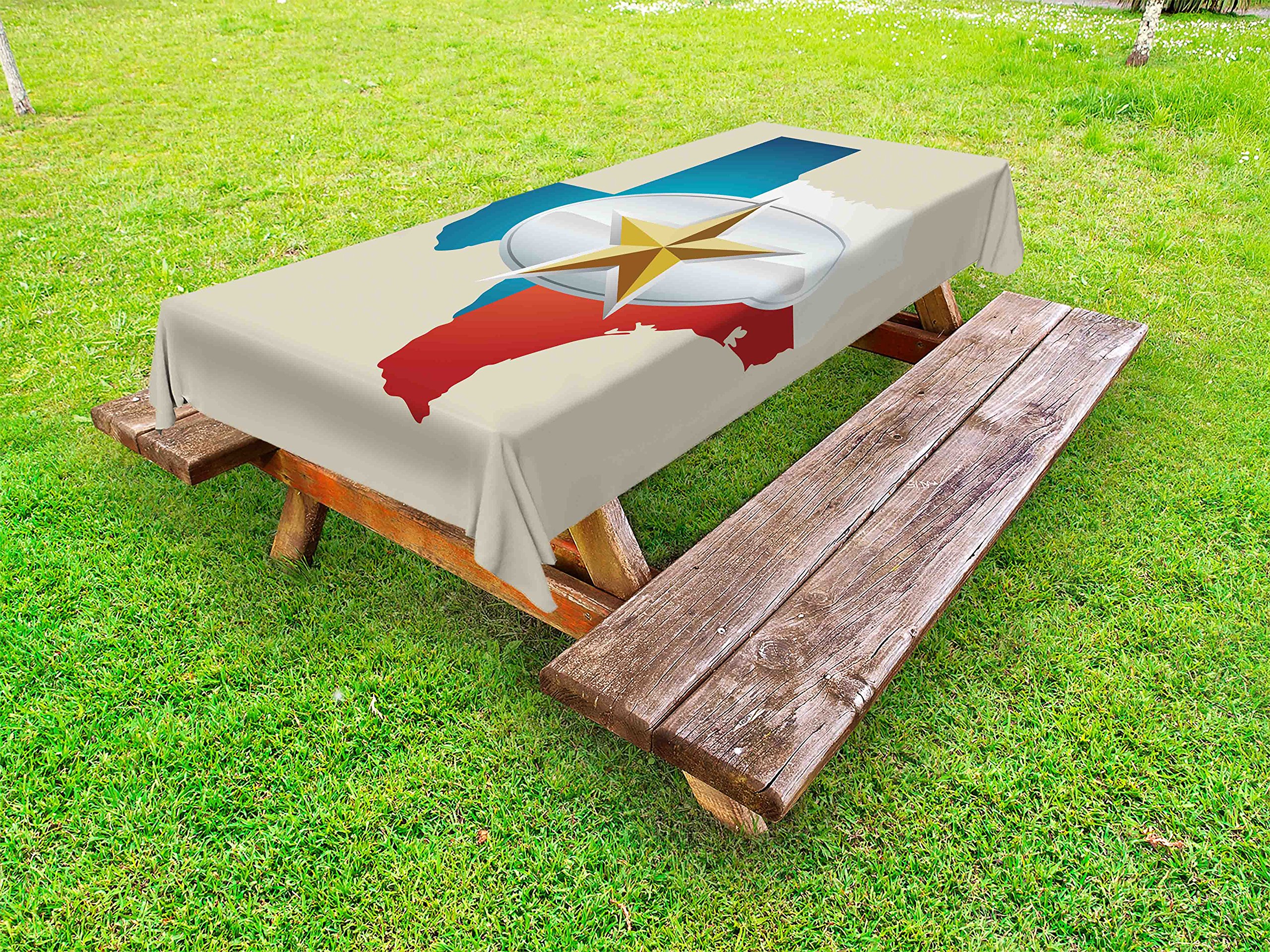 Ambesonne Texas Star Outdoor Tablecloth - Cowboy Belt Buckle Star Design with Texas Map, Southwestern USA Style, Washable Picnic Table Cover 58