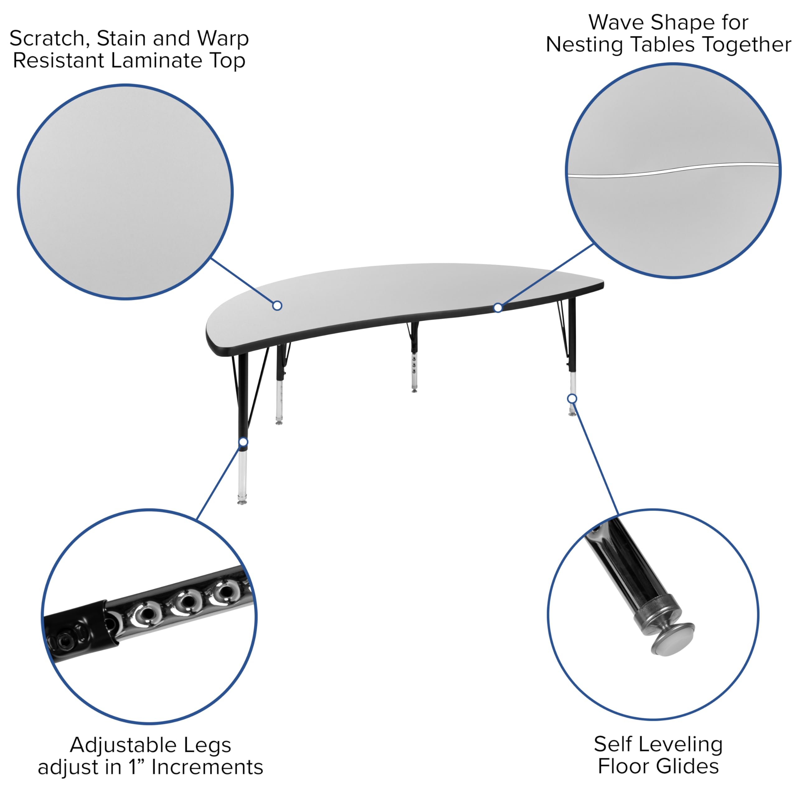 2-Piece 60-Inch Round Adjustable Kids Activity Table Set with Chairs - Collaborative Learning Table for Classroom, Daycare & Playroom - Grey