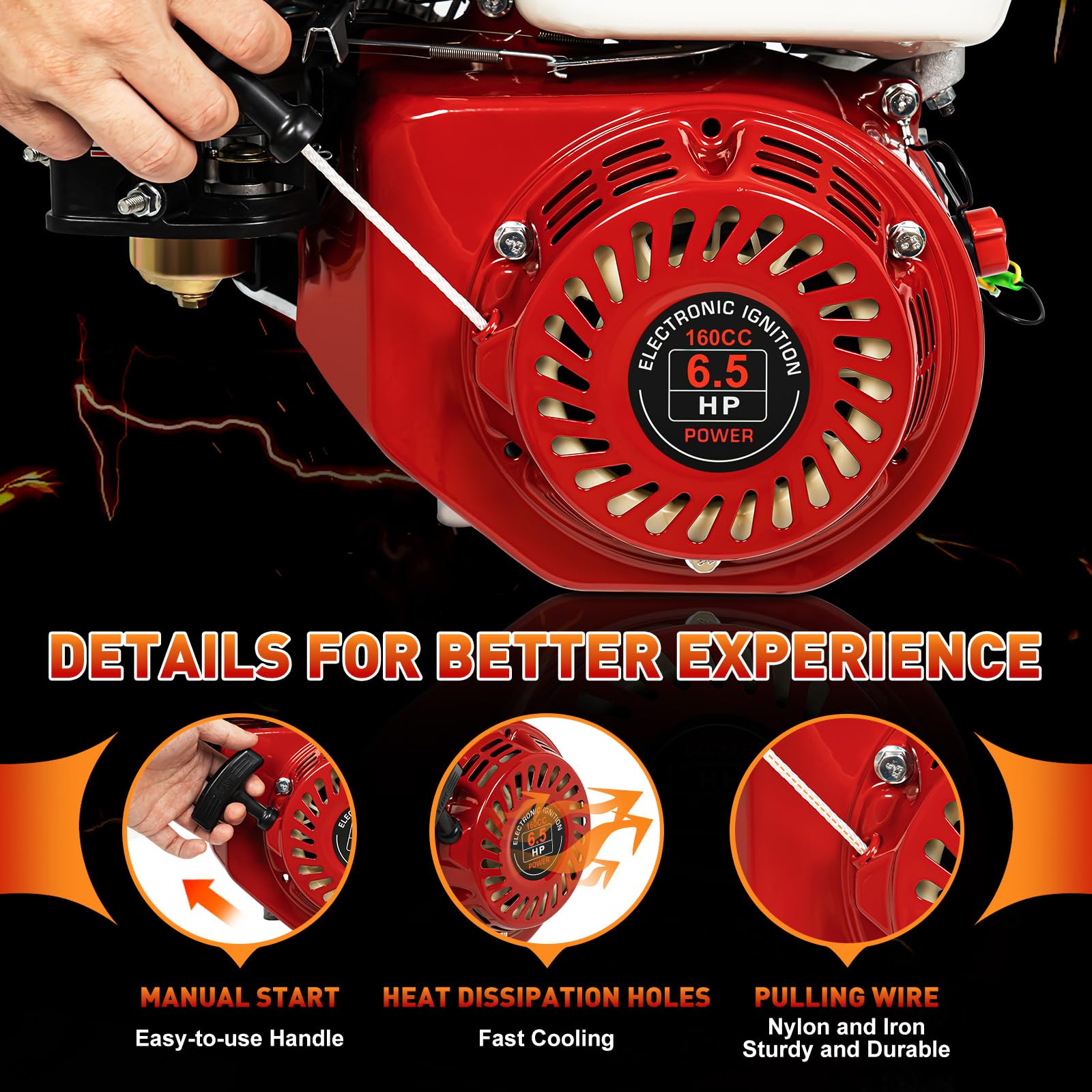 6.5HP 160CC 4-Stroke Gas Engine with Pull Start - Single Cylinder Motor for Water Pump, Agricultural Machinery, Power Tools & More - Ideal for Farming, Landscaping & Industrial Applications