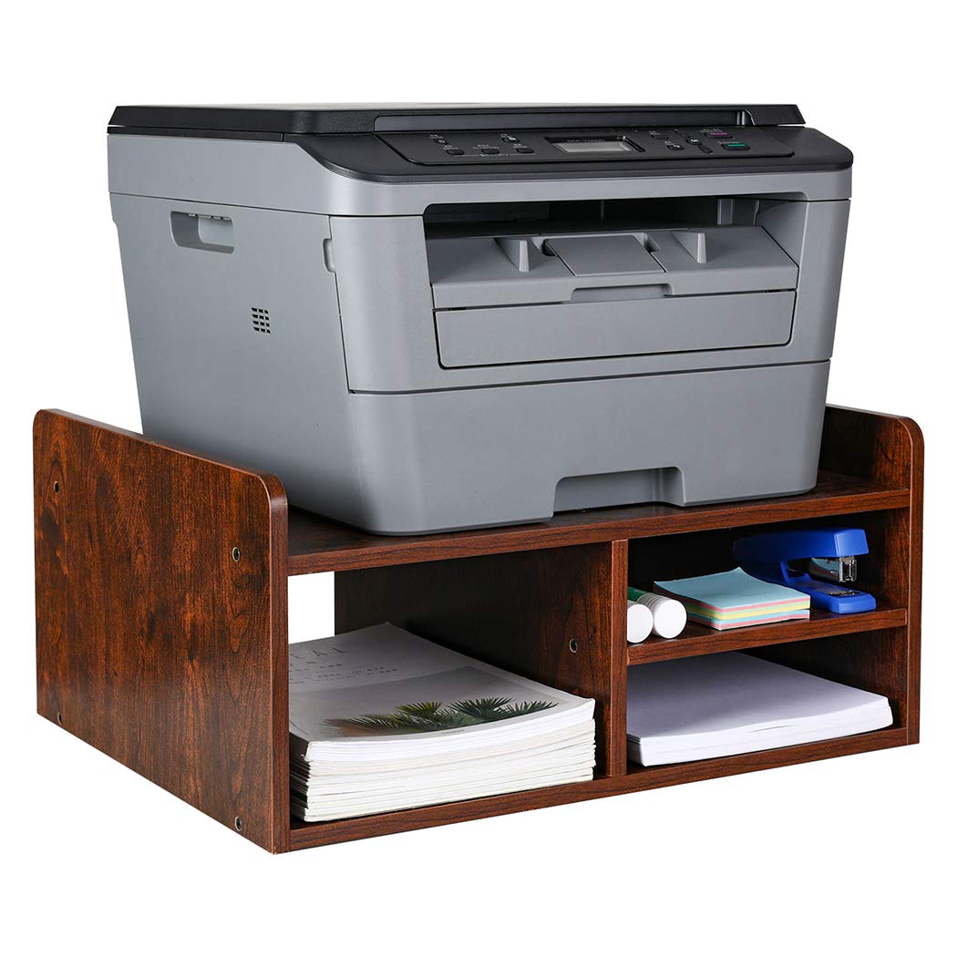 Wooden Printer Stand with Storage - Desktop Paper Organizer for Home & Office - Retro Brown Wood Printer Rack - Perfect for Workspace & Office Organization
