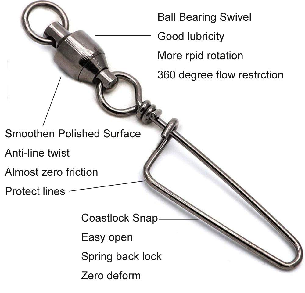JSHANMEI High Strength Fishing Snap Swivels - Ball Bearing Swivels Stainless Steel Saltwater Corrosion Resistant Barrel Swivel Tackle for Freshwater & Saltwater Fishing, Trolling, and Ice Fishing