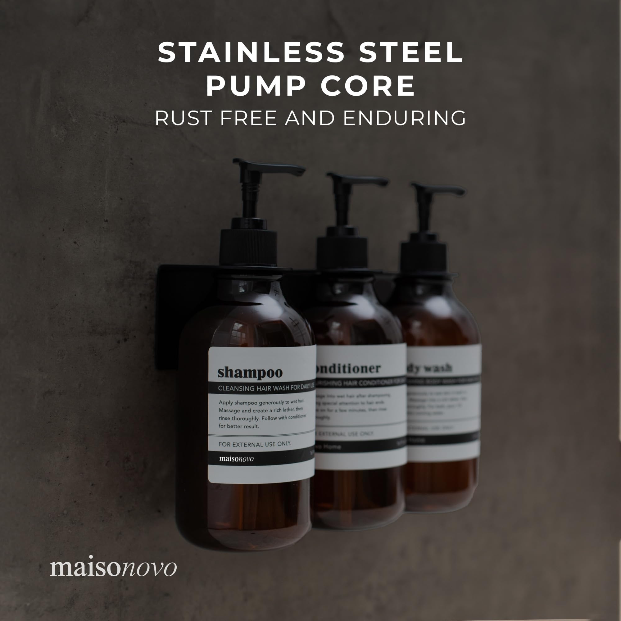 MaisoNovo 16.9 fl oz Shampoo & Conditioner Dispenser Set of 3 - Wall Mounted No Drill 3-Chamber Shower Soap Dispenser with Black Pump - Amber Plastic Bottles for Bathroom Organization & Spa-Like Experience
