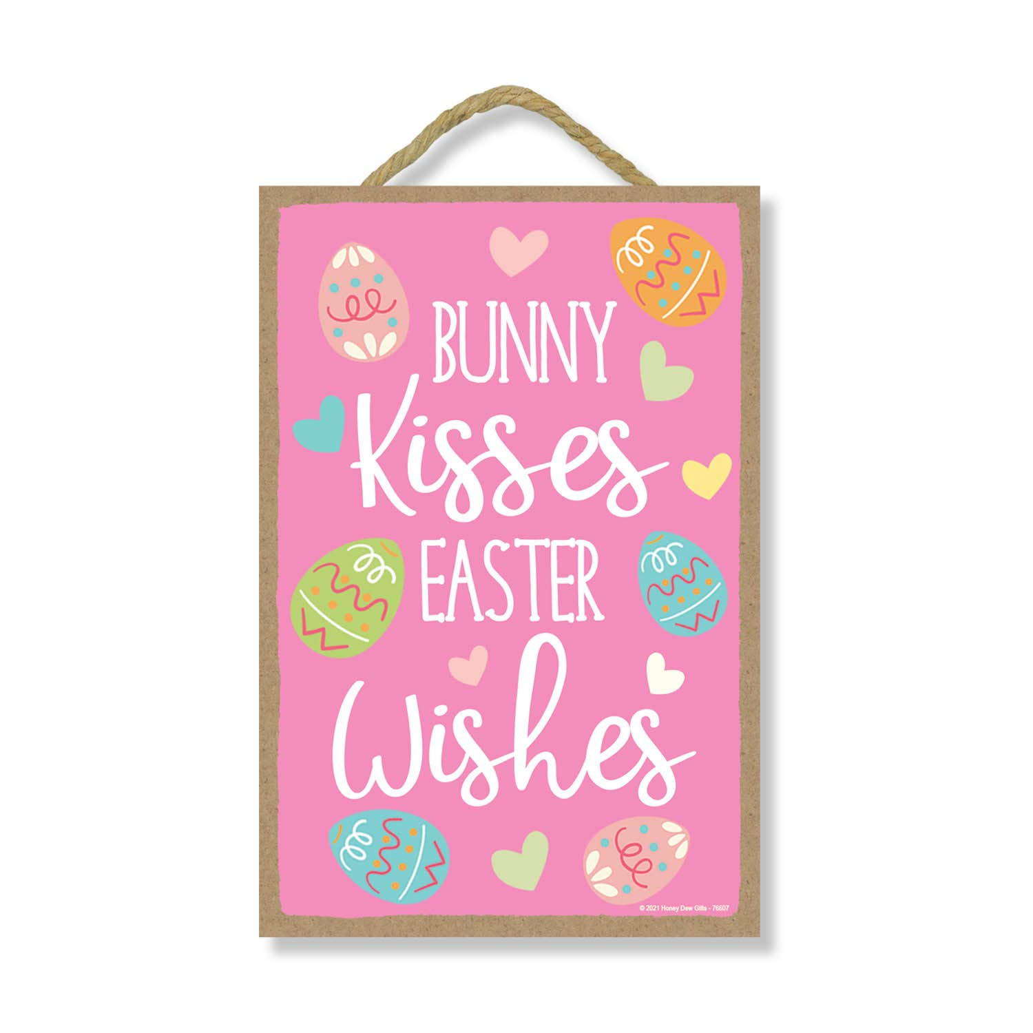 Easter Bunny Wood Door Sign - 7x10.5 Inch Spring Rabbit Decor for Home, Easter Party & Gifts - Honey Dew Gifts, Bunny Kisses Easter Wishes (76607)
