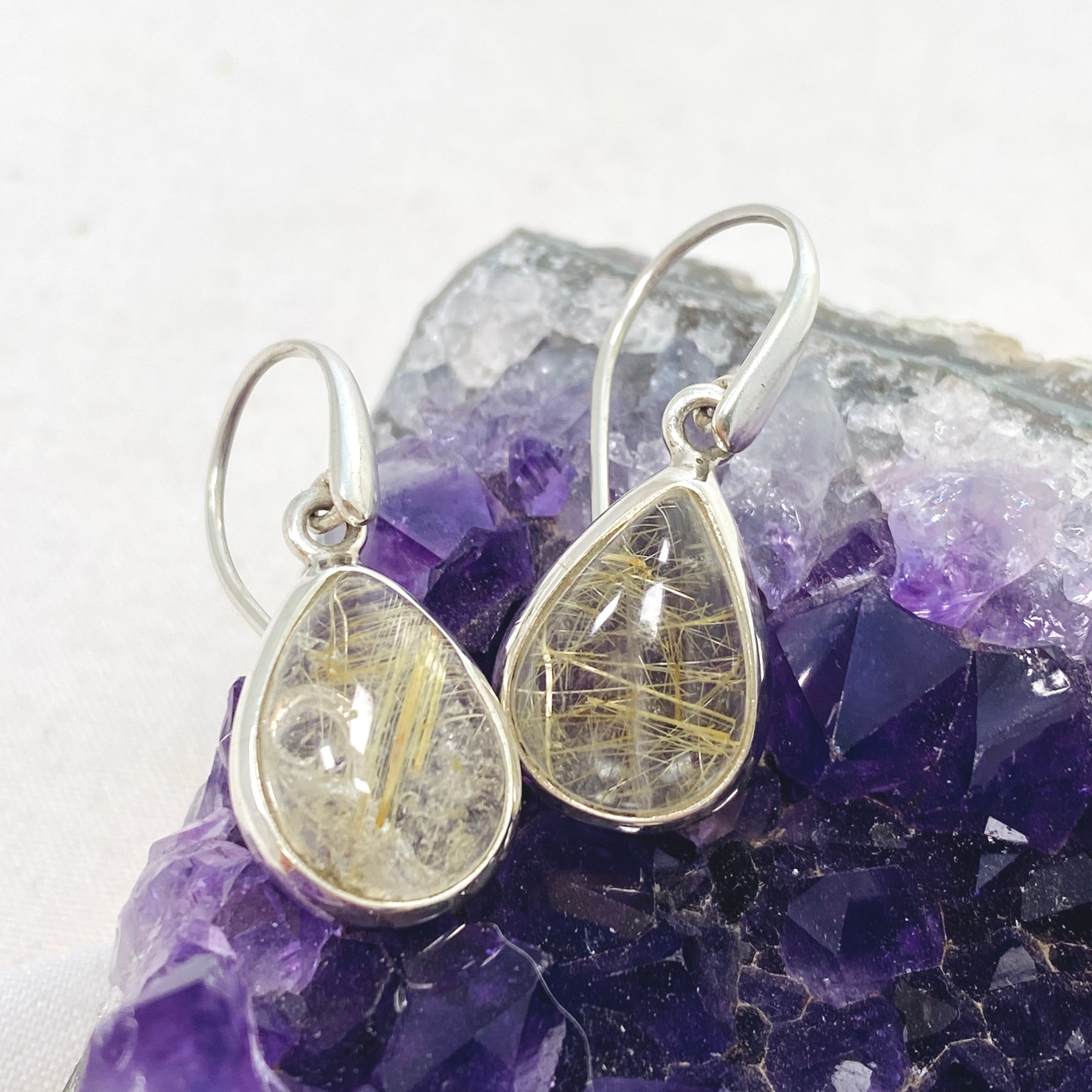 Natural Rutilated Quartz Teardrop Cabochon Earrings - Handmade Sterling Silver Jewelry for Women - Perfect for Wedding, Party & Everyday Wear