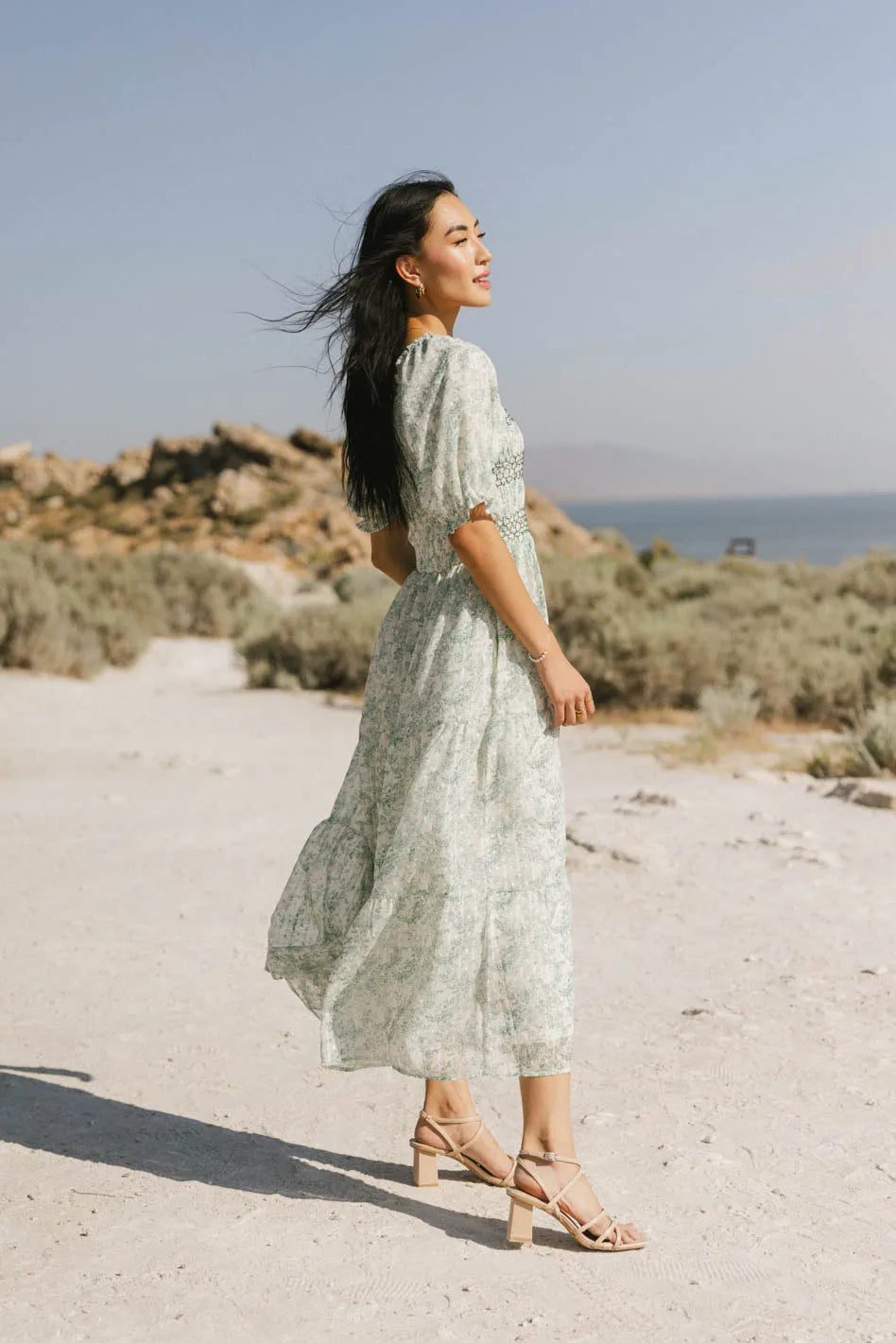Nadia Smocked Midi Dress for Women - Floral Summer Dress with Ruffled Sleeves | Perfect for Beach Vacations, Date Nights & Garden Parties (Final Sale)