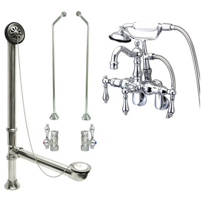 Premium Chrome Wall Mount Clawfoot Tub Faucet with Hand Shower & Drain Stops - CC1302T1 System - Perfect for Vintage Bathroom Renovations & Spa-Like Shower Experience