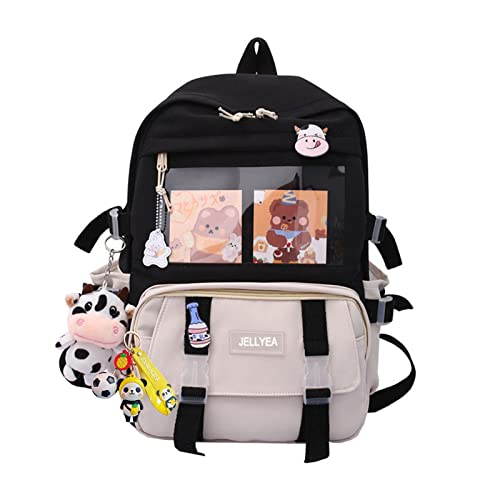 Cute Kawaii School Backpack for Girls with Milk Cow Keychain & Pins - Trendy Bookbag for Teens & Elementary Students - Perfect for School, Travel & Daily Use