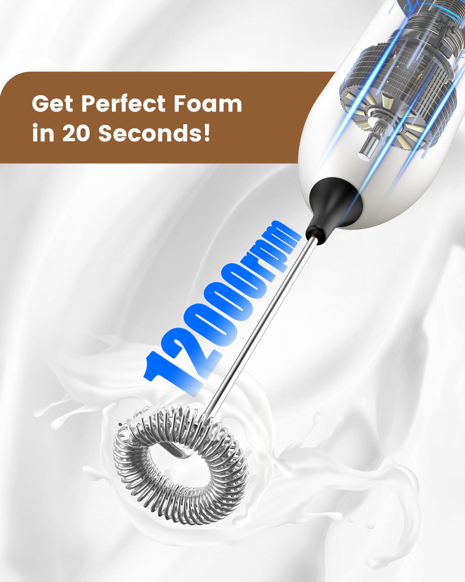 Rechargeable USB Milk Frother Wand - Powerful Handheld Frother for Coffee, Latte, Cappuccino, Mocha & Protein Shakes - Perfect for Home, Office & Cafe Use - White