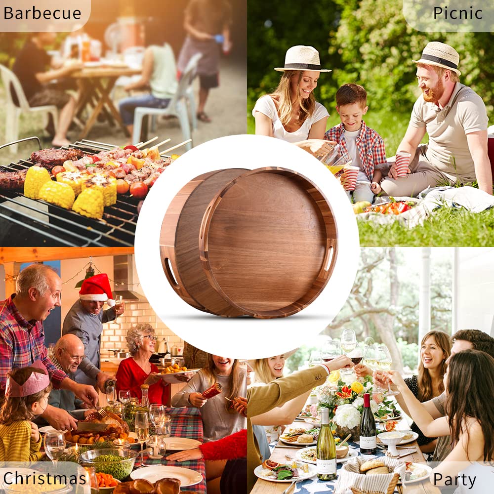 Round Wooden Serving Tray with Handles - 20