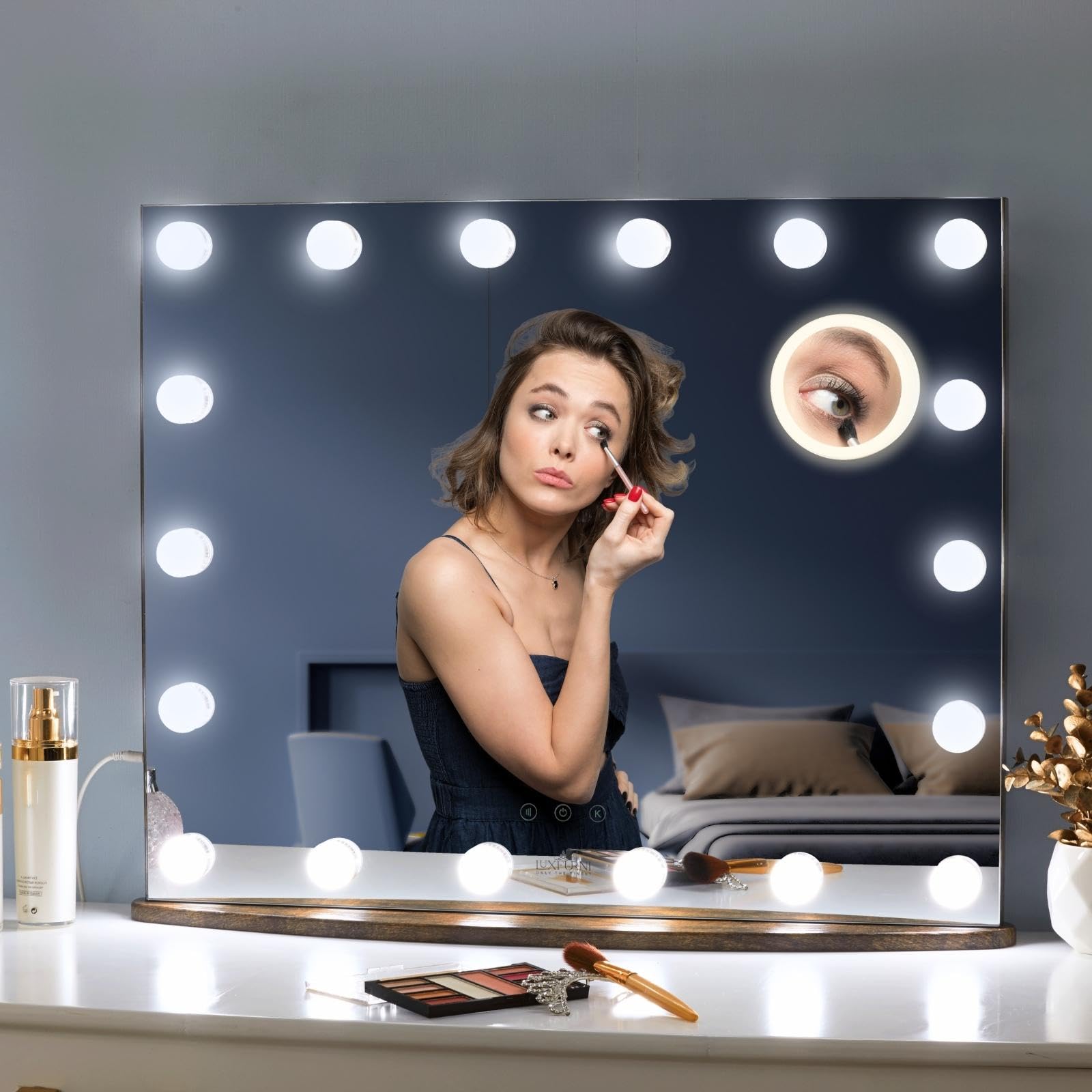 LUXFURNI Hollywood Vanity Mirror with 18 LED Lights - Large Lighted Makeup Mirror for Tabletop or Wall Mount, Rustic Brown (26