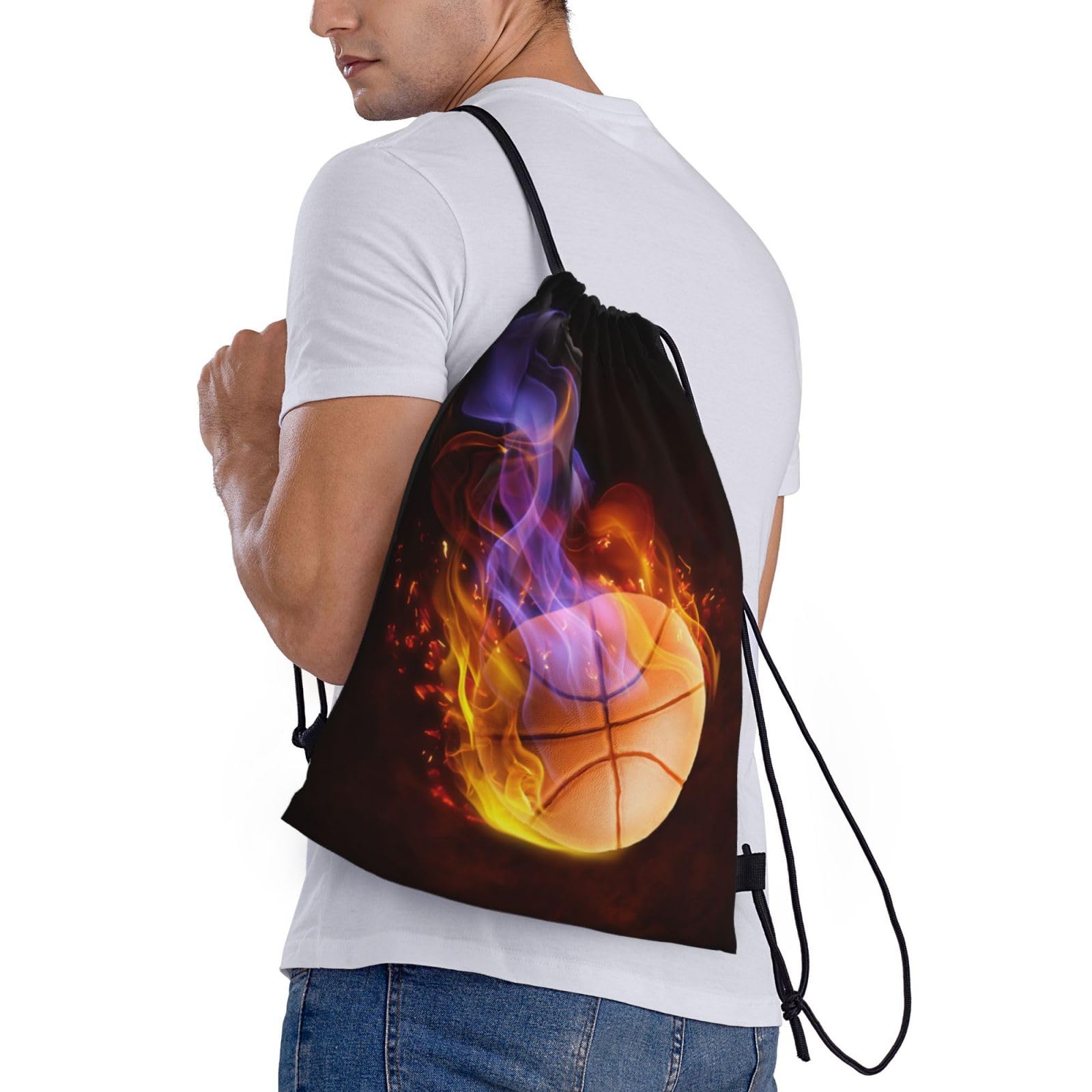 Fire Basketball Drawstring Backpack for Kids, Teens & Adults - Lightweight Sports Daypack for School, Gym, Travel, Hiking & Work - Black Medium Drawstring Bag for Boys, Girls, Men & Women