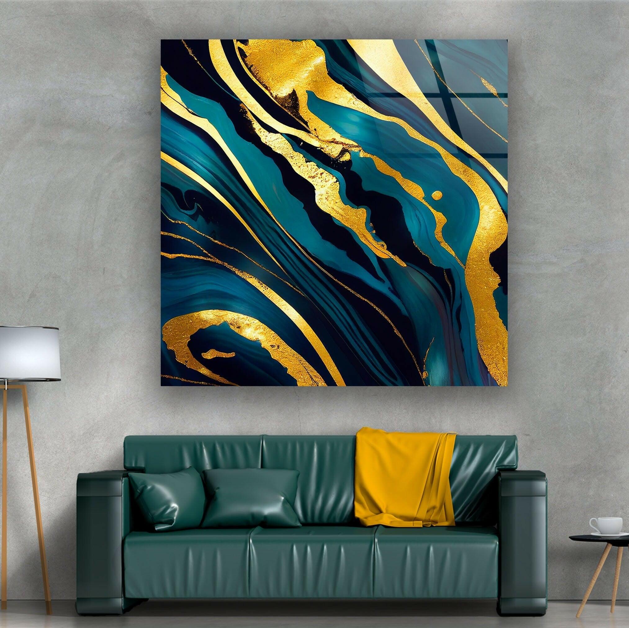 Gold Alcohol Ink Abstract Glass Wall Art - Handmade Modern Home Decor for Living Room, Bedroom & Office