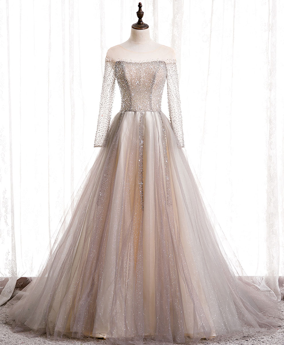 Elegant Light Champagne Long Prom Dress - A-Line Sequin Formal Evening Gown for Homecoming, Wedding & Special Occasions