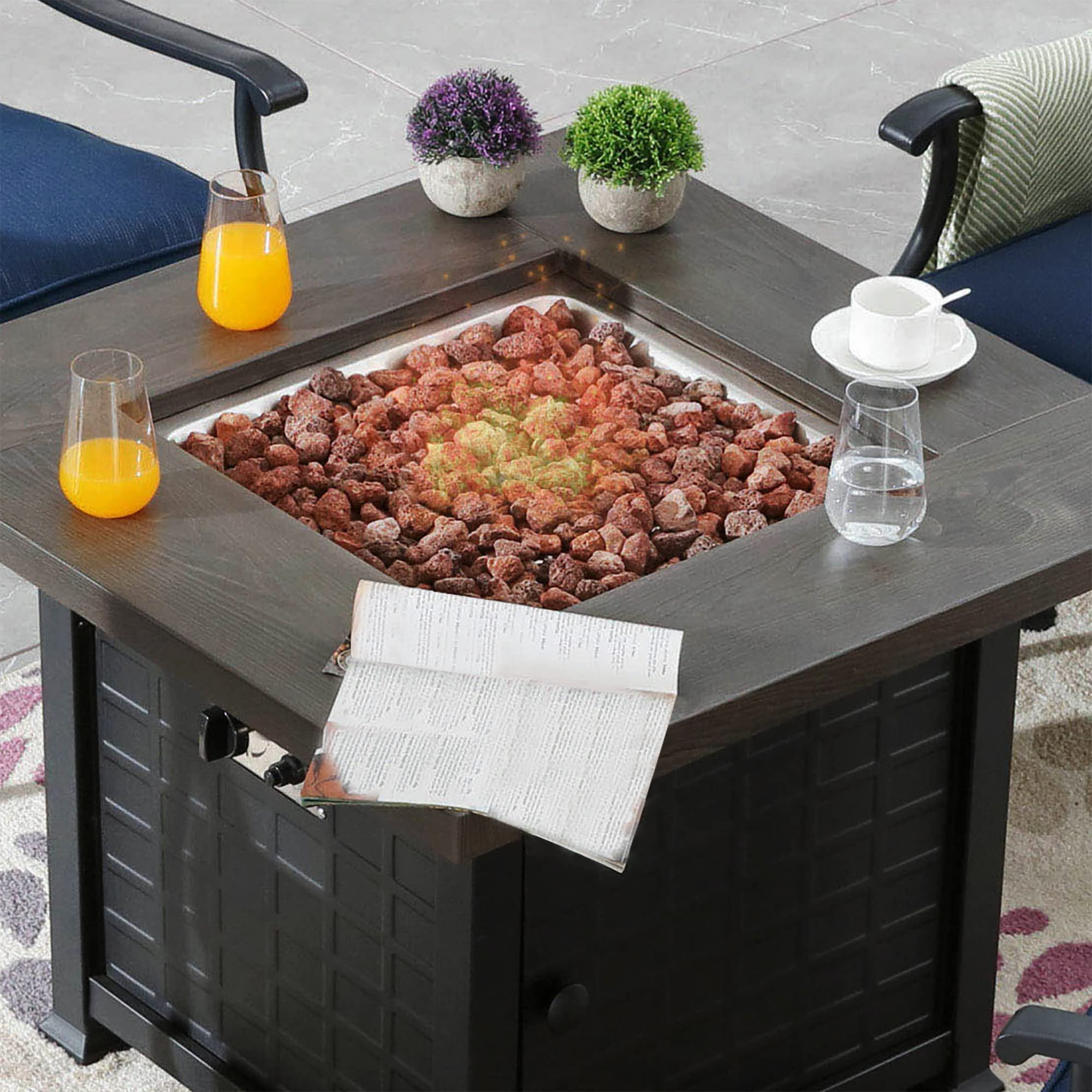 **Outdoor Patio Conversation Set with 50,000 BTU Propane Fire Pit Table & Rocking Chairs - 5-Piece Blue Set (CSA Certified, Thick Cushions) - Perfect for Backyard Gatherings, Relaxation & Entertaining**