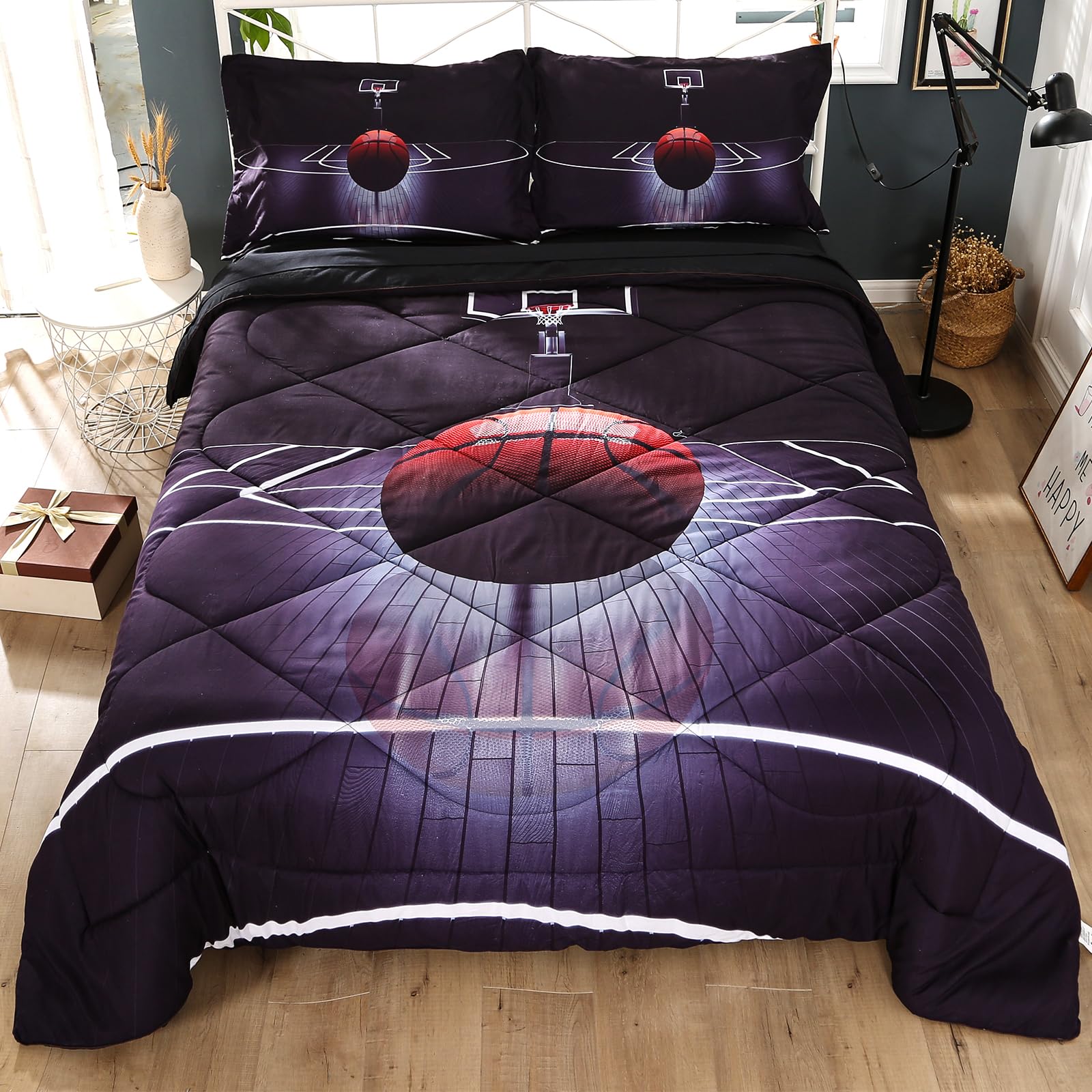 Wowelife 5-Piece Full Size Basketball Bedding Set for Boys - Comforter, Flat Sheet, Fitted Sheet & 2 Pillowcases - Black Sports Themed Kids' Bedroom Decor - Perfect for Basketball Fans' Dorm Room or Game Room