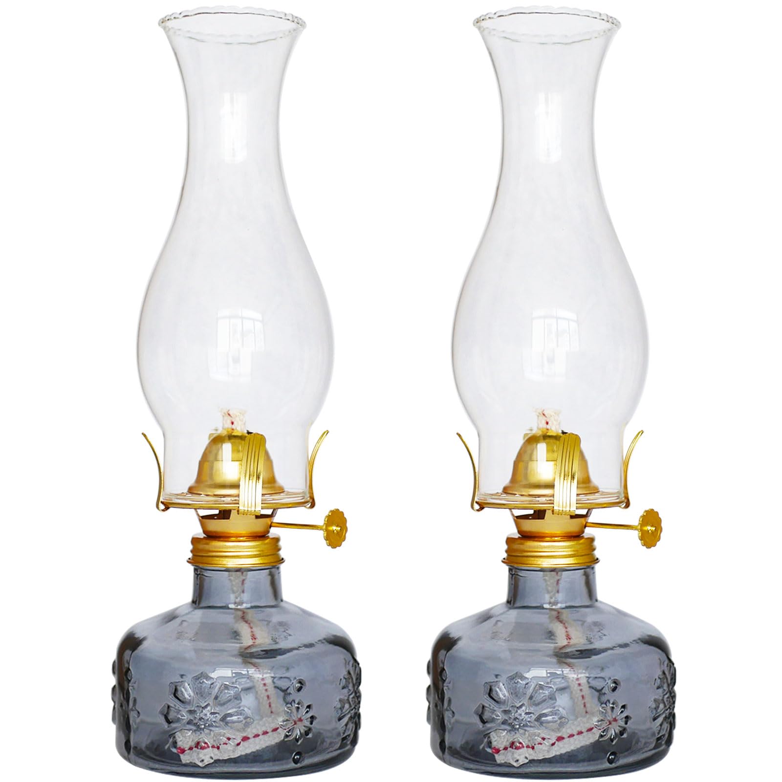 2 Pack Vintage Glass Oil Lamps with Floral Carvings - Clear Hurricane Kerosene Lanterns for Indoor Tabletop Lighting | Classic Home Decor, Emergency Lighting & Romantic Ambiance