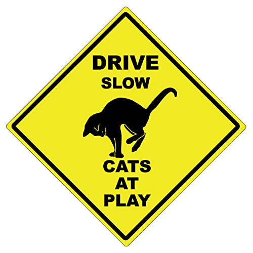 11-inch Diamond Aluminum Caution Sign - Drive Slow Cats at Play - Durable USA-Made Road Safety Sign for Neighborhoods, Schools & Play Areas