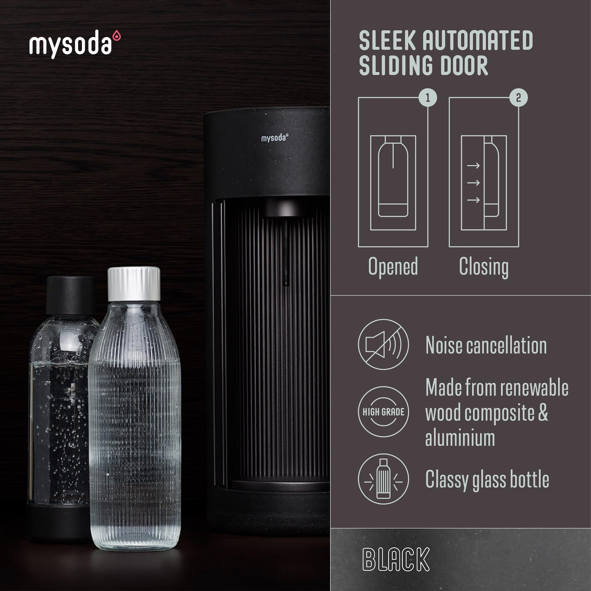 **Mysoda Glassy Sparkling Water Maker - 1L Glass & Plastic Bottle, Silent Nordic Design, Sliding Door - Black | Home & Office Carbonated Drink Machine for Healthy Hydration**